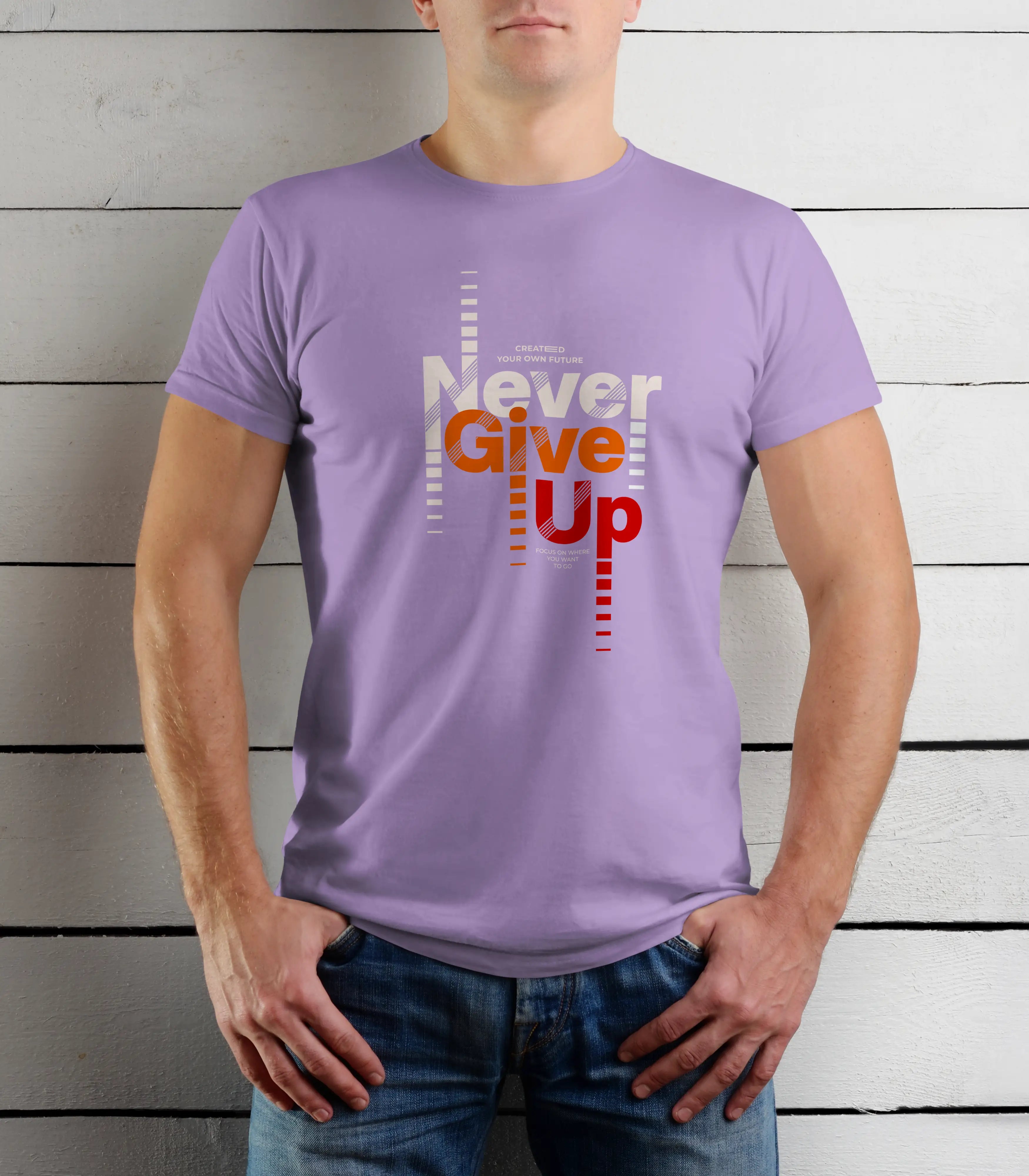 Person wearing a purple t-shirt with 'Never Give Up' text design against a wooden background
