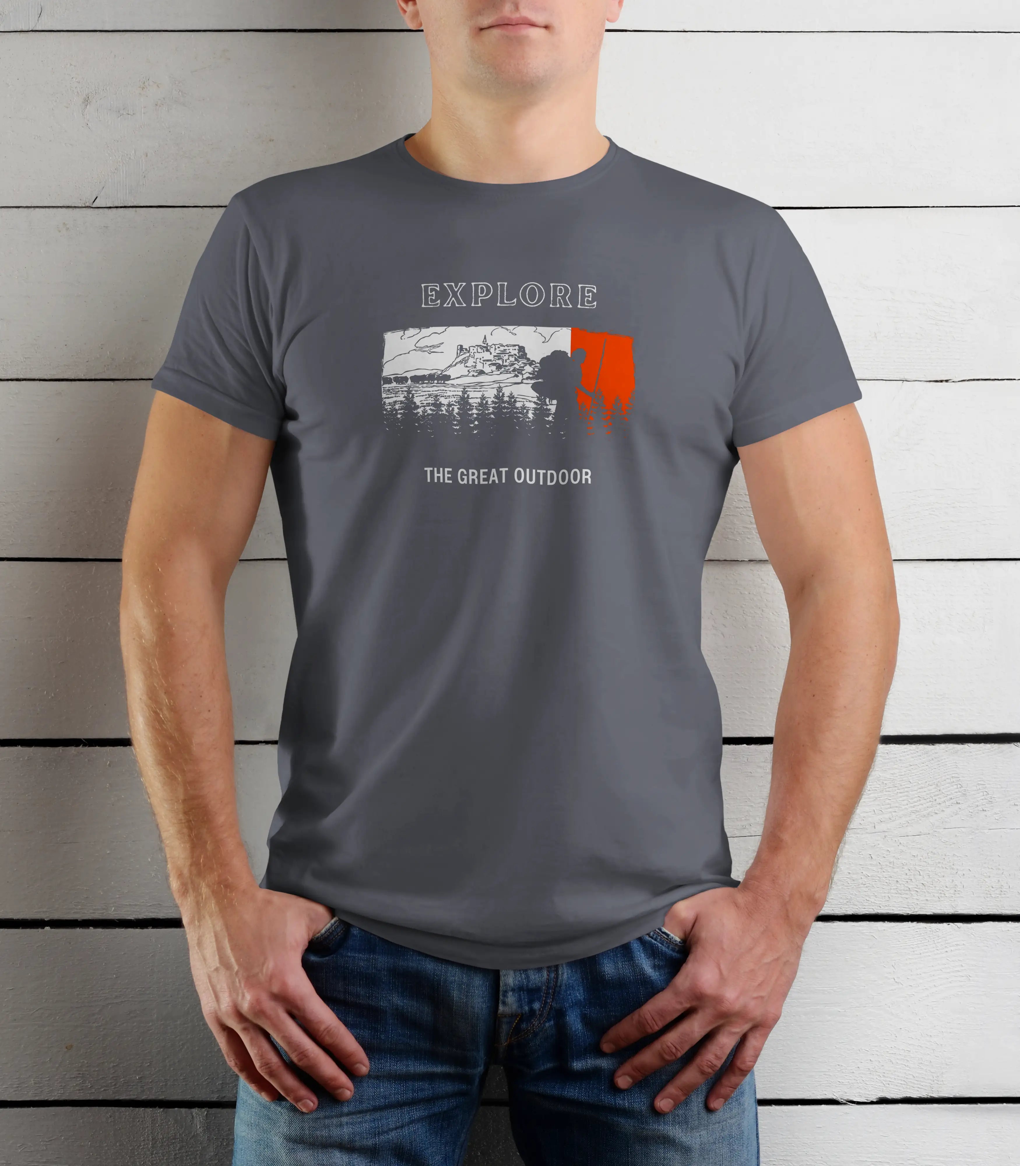 Person wearing a gray t-shirt with outdoor-themed graphic and text.