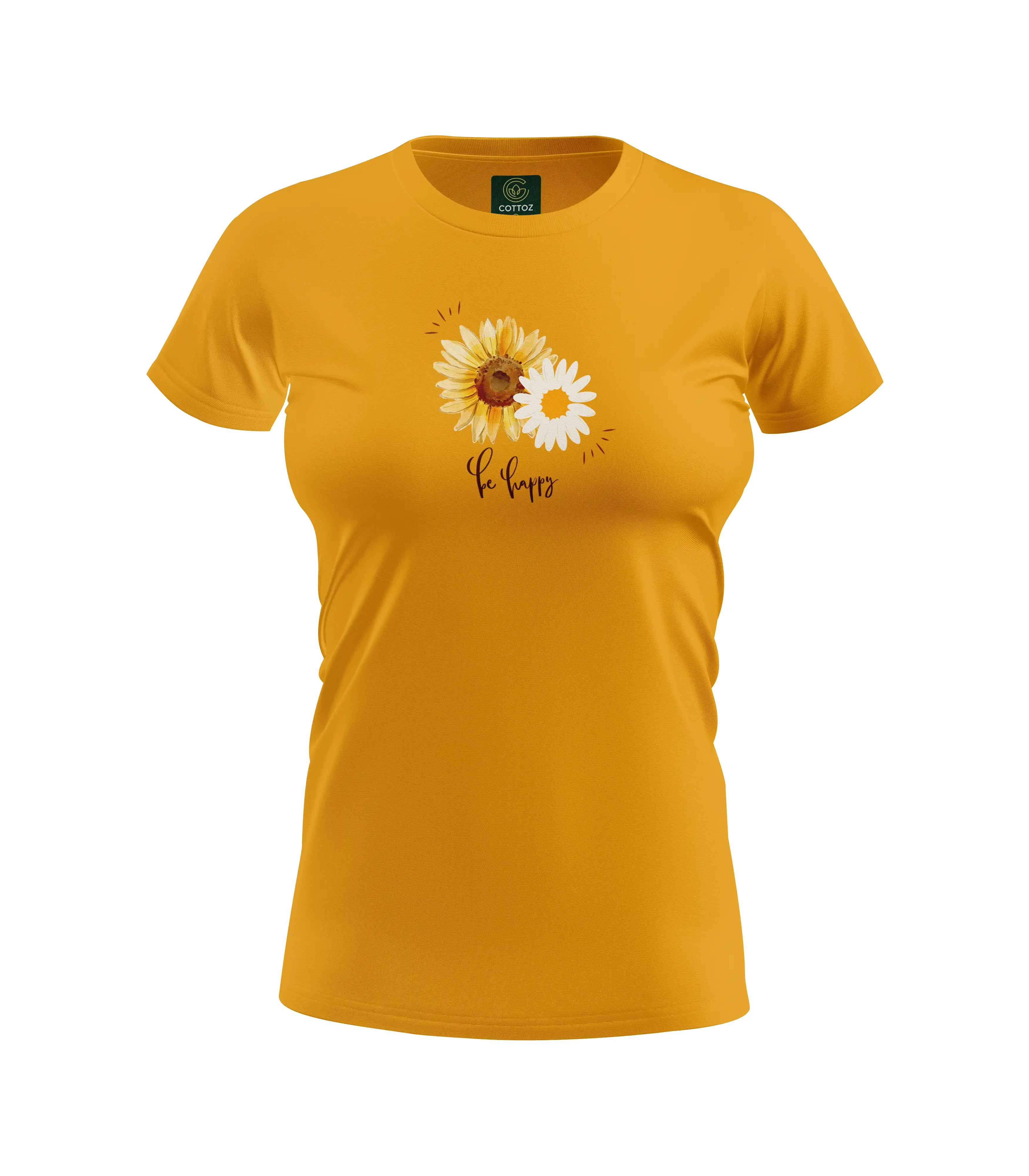 Yellow t-shirt with a sunflower design and text on a white background
