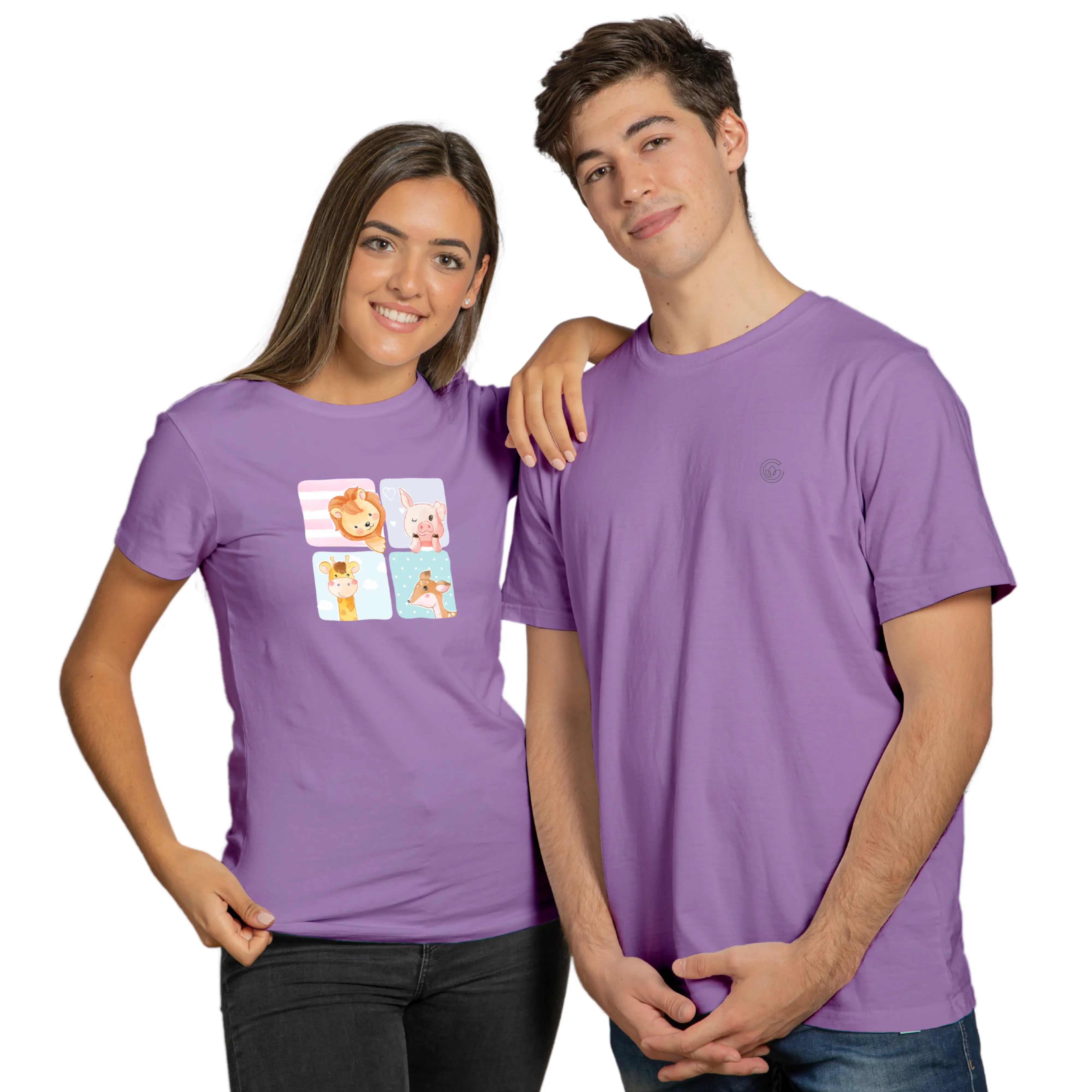 Two people wearing purple t-shirts with a graphic design on a white background