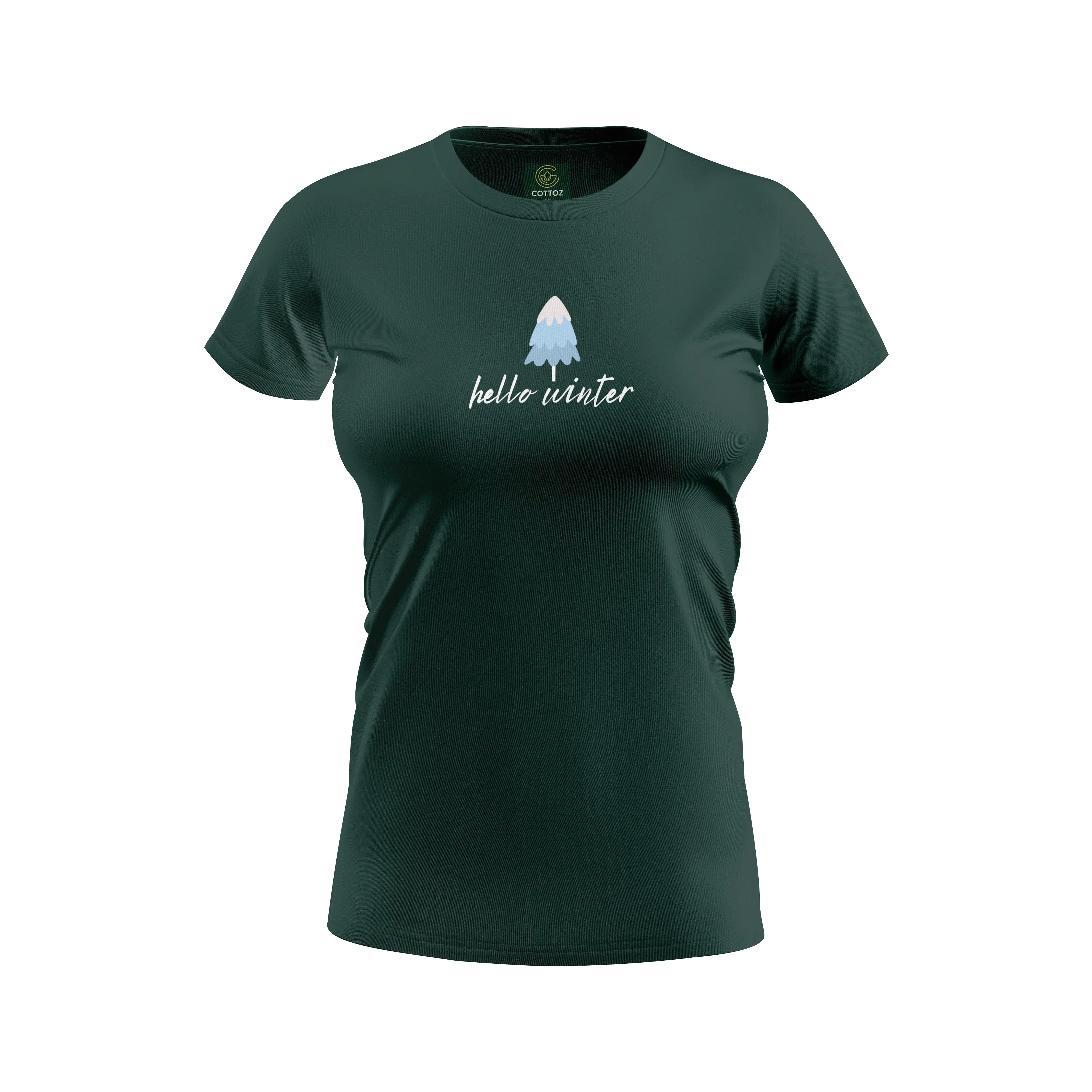 Green t-shirt with 'hello winter' and a tree design on a white background