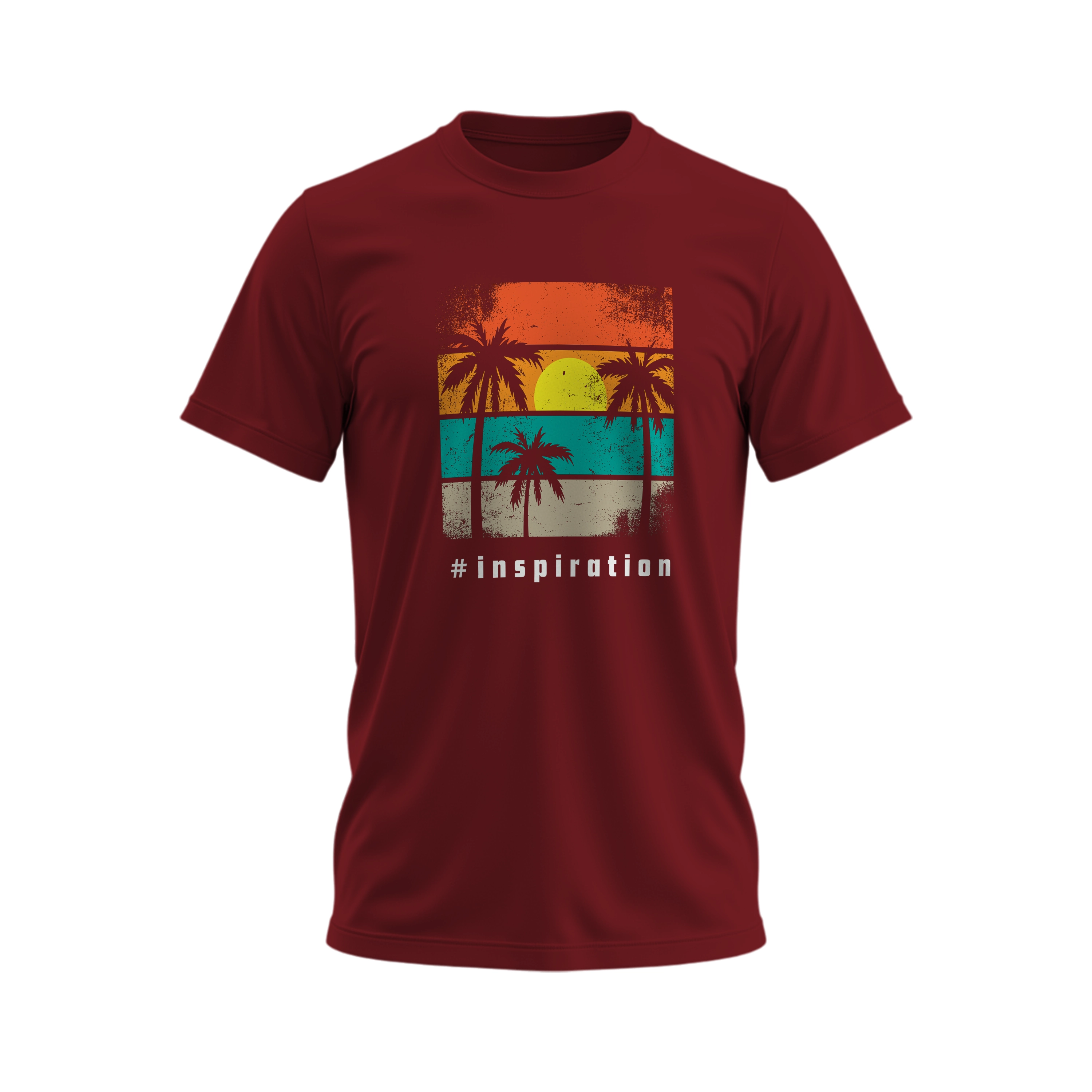 Maroon t-shirt with a tropical design and '#inspiration' text on a white background