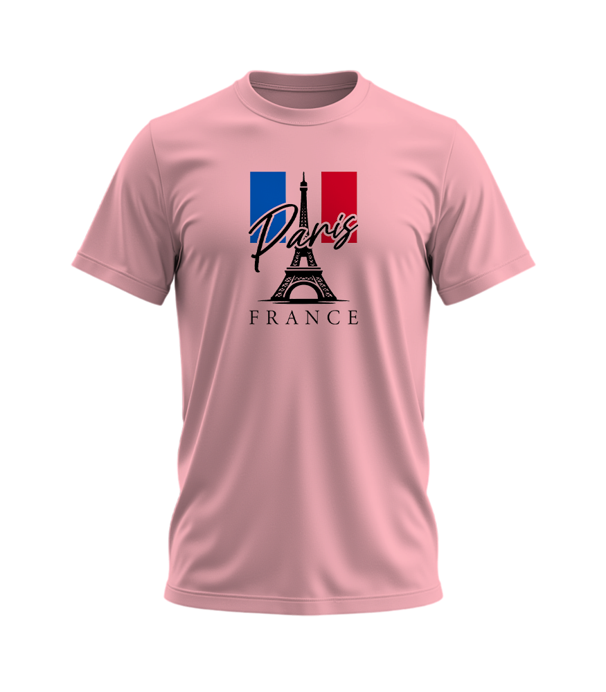 Pink t-shirt with Paris and France design on a white background