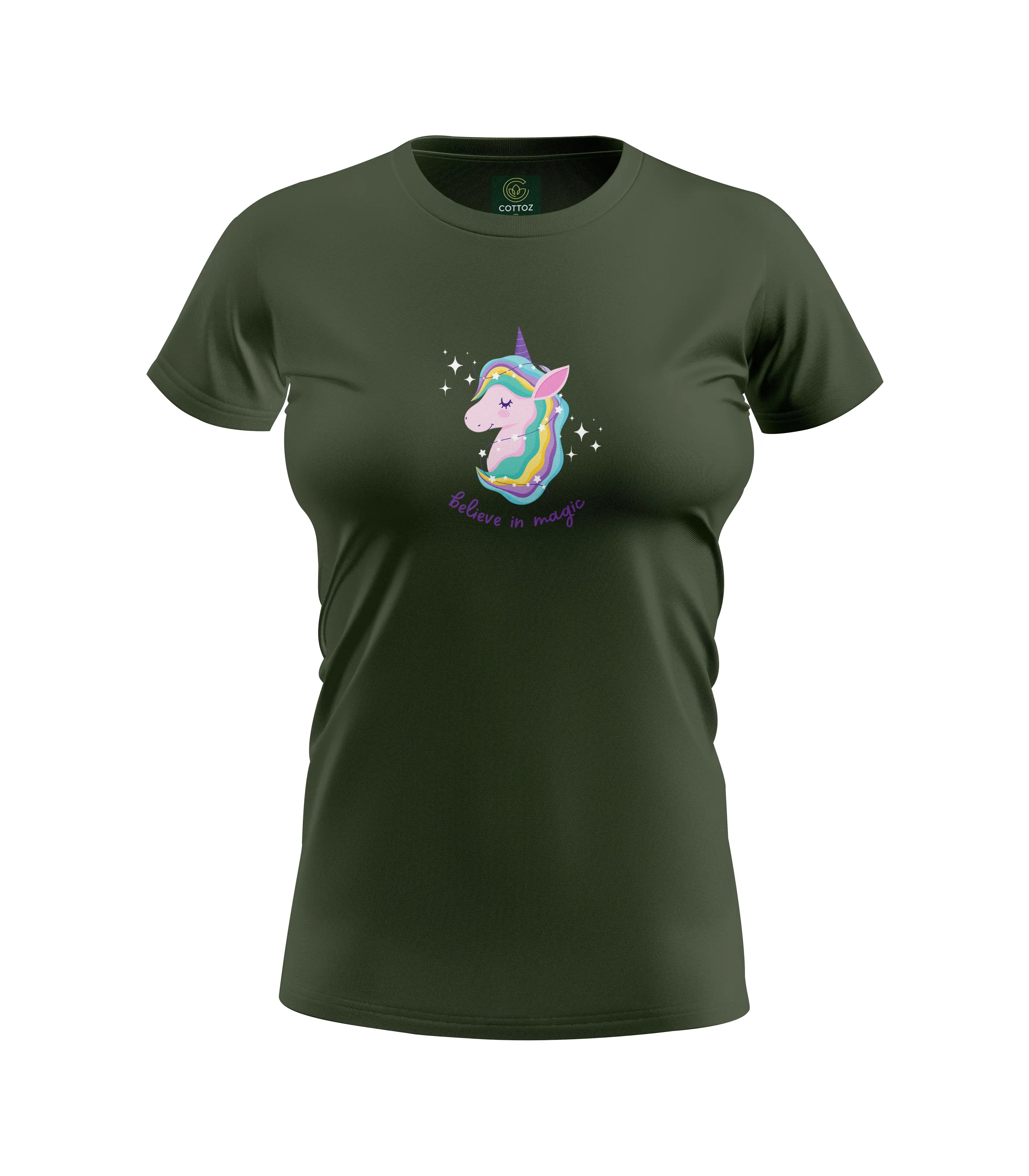 Green t-shirt with a unicorn design on a white background
