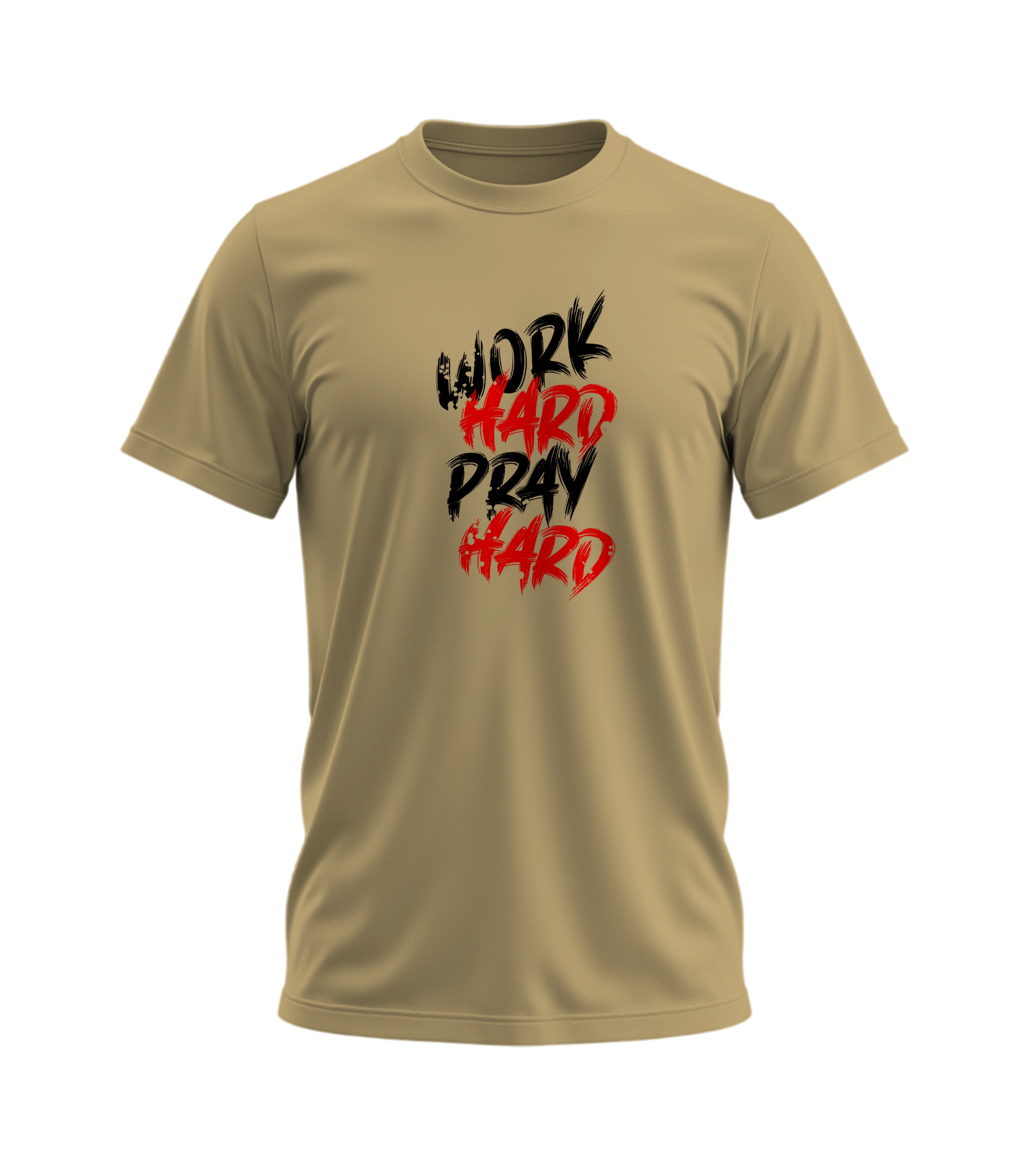 Beige t-shirt with 'Work Hard Pray Hard' text in black and red on a white background