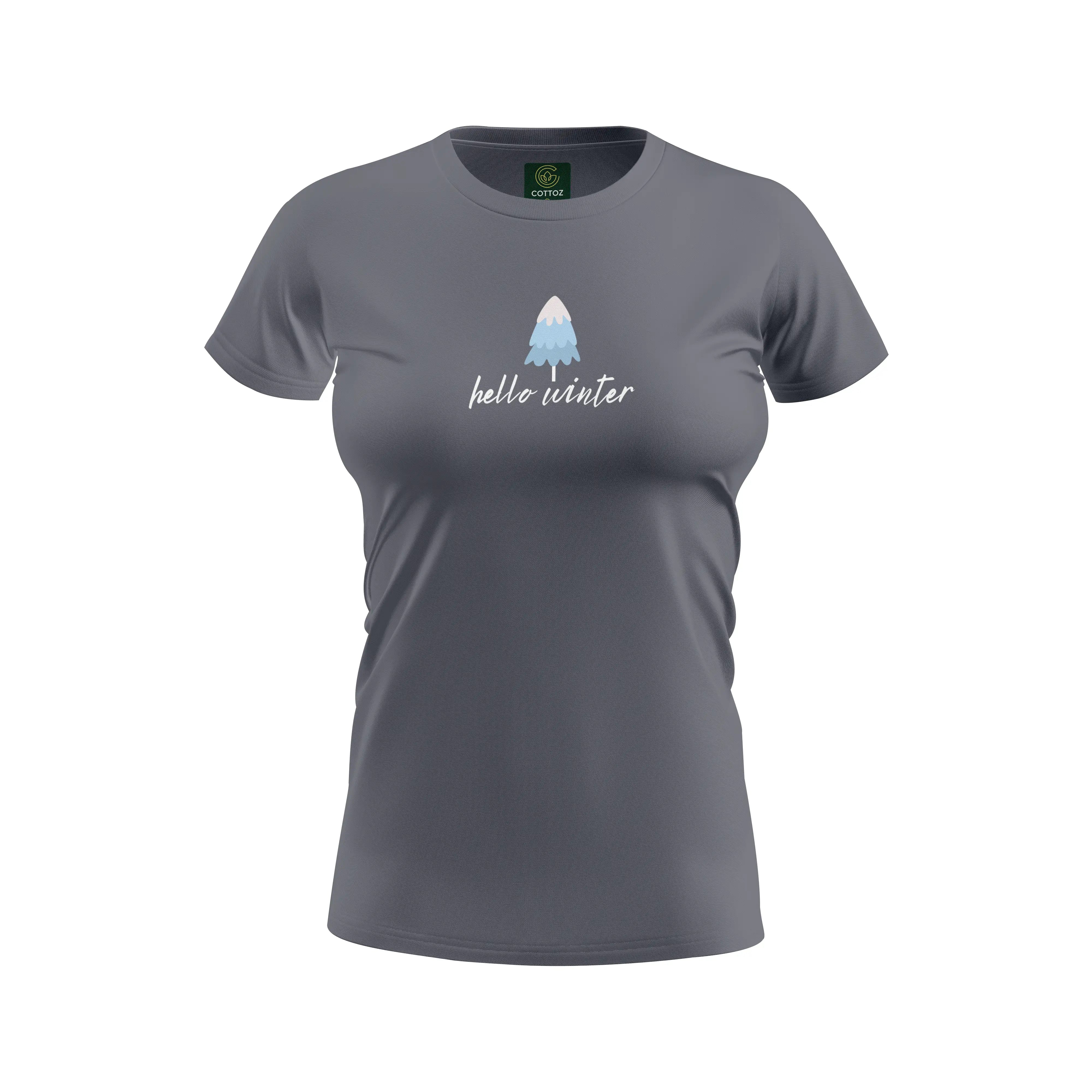 Gray t-shirt with 'hello winter' and tree graphic on a white background