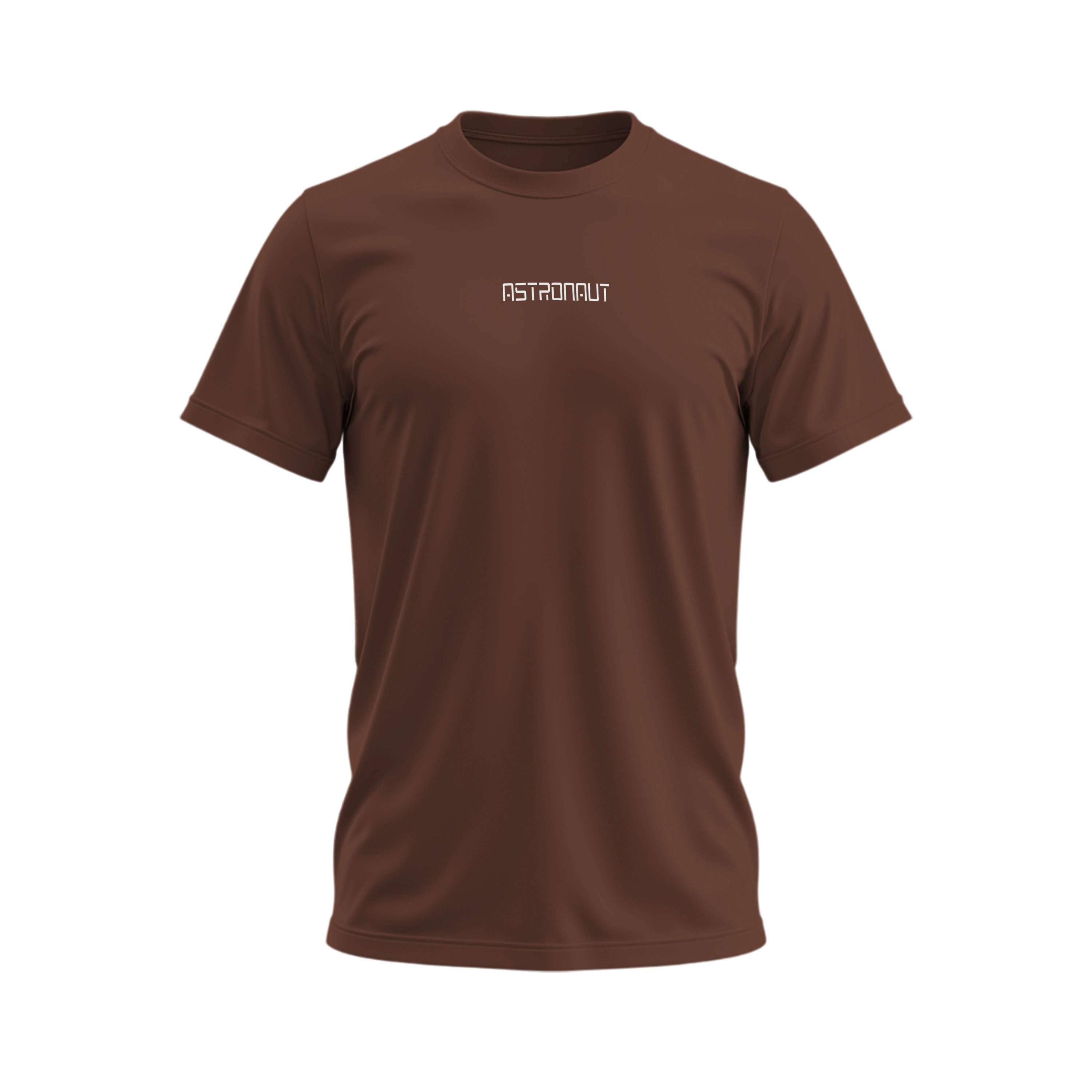 Brown t-shirt with 'ASTRONAUT' logo on a white background