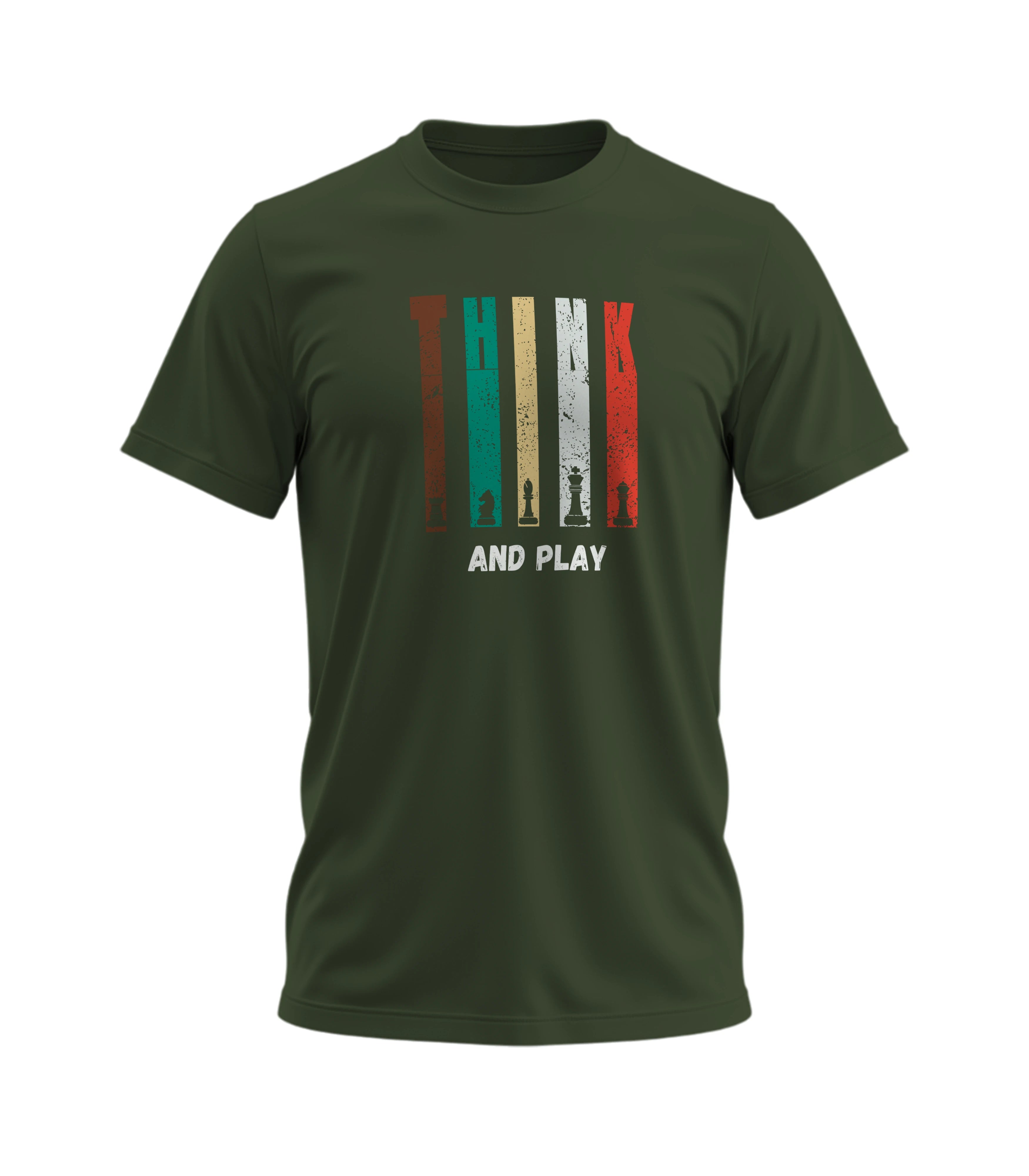 Green t-shirt with colorful graphic design and text on a white background