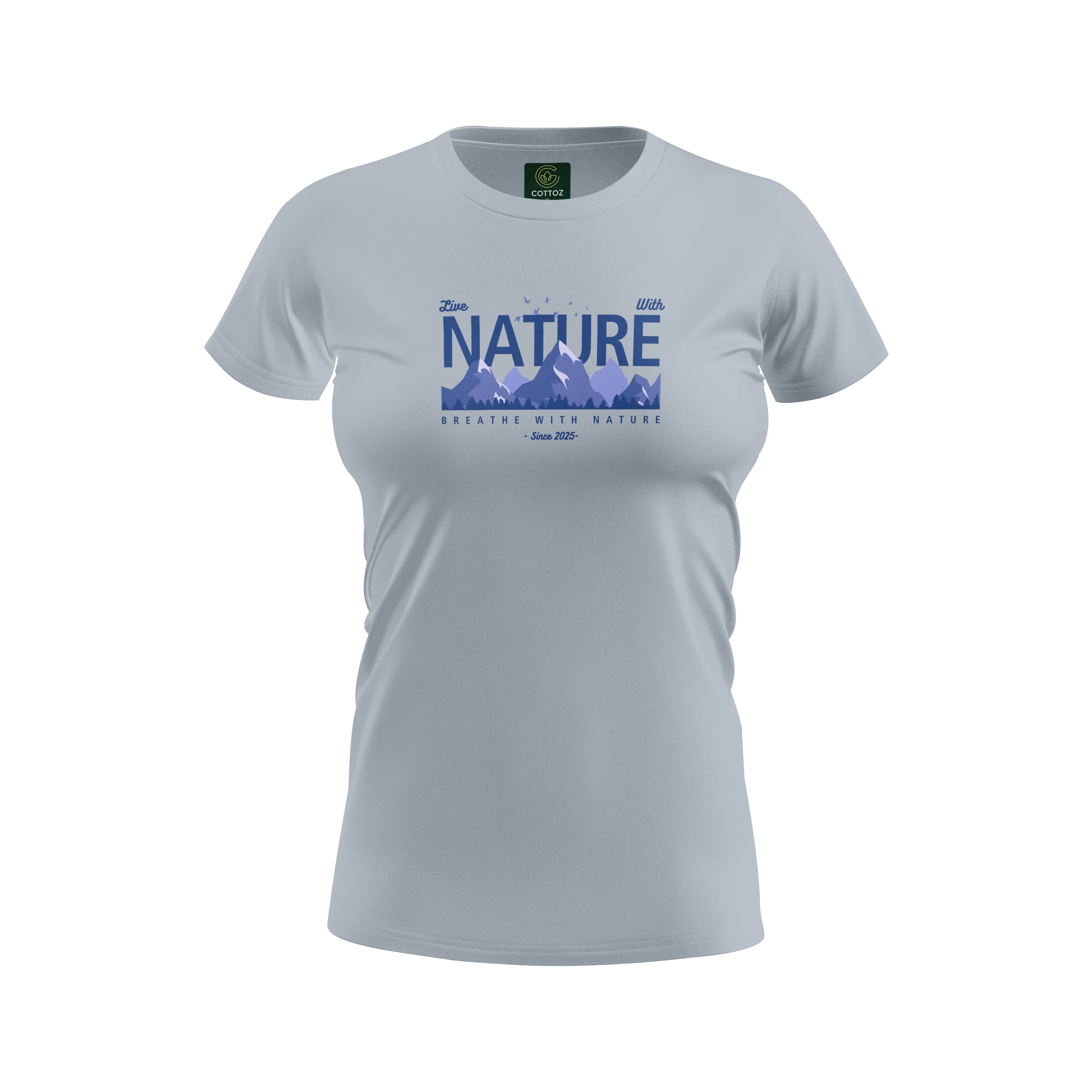 Gray t-shirt with nature-themed design on a white background