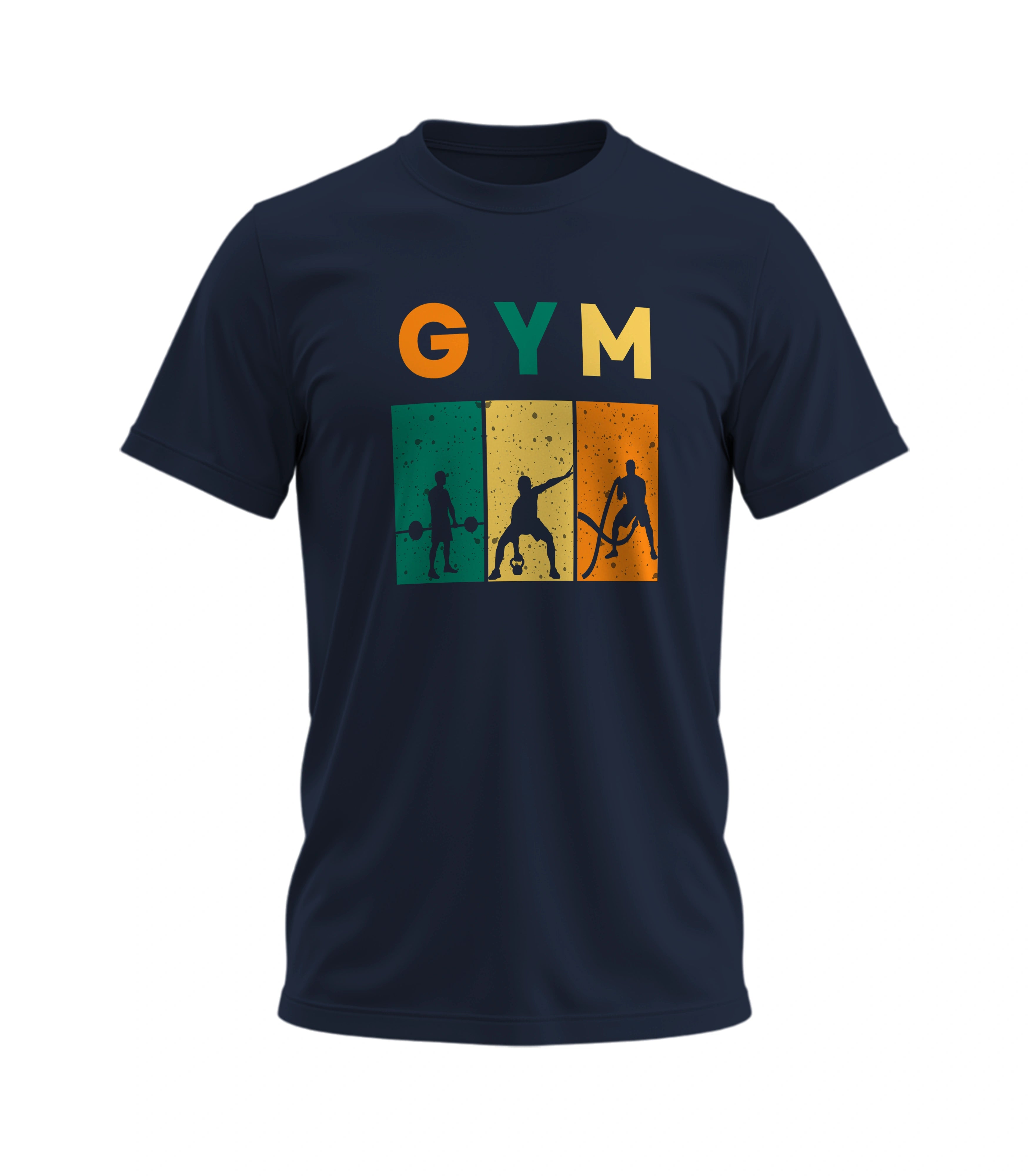 Navy blue t-shirt with 'GYM' graphic design on a white background