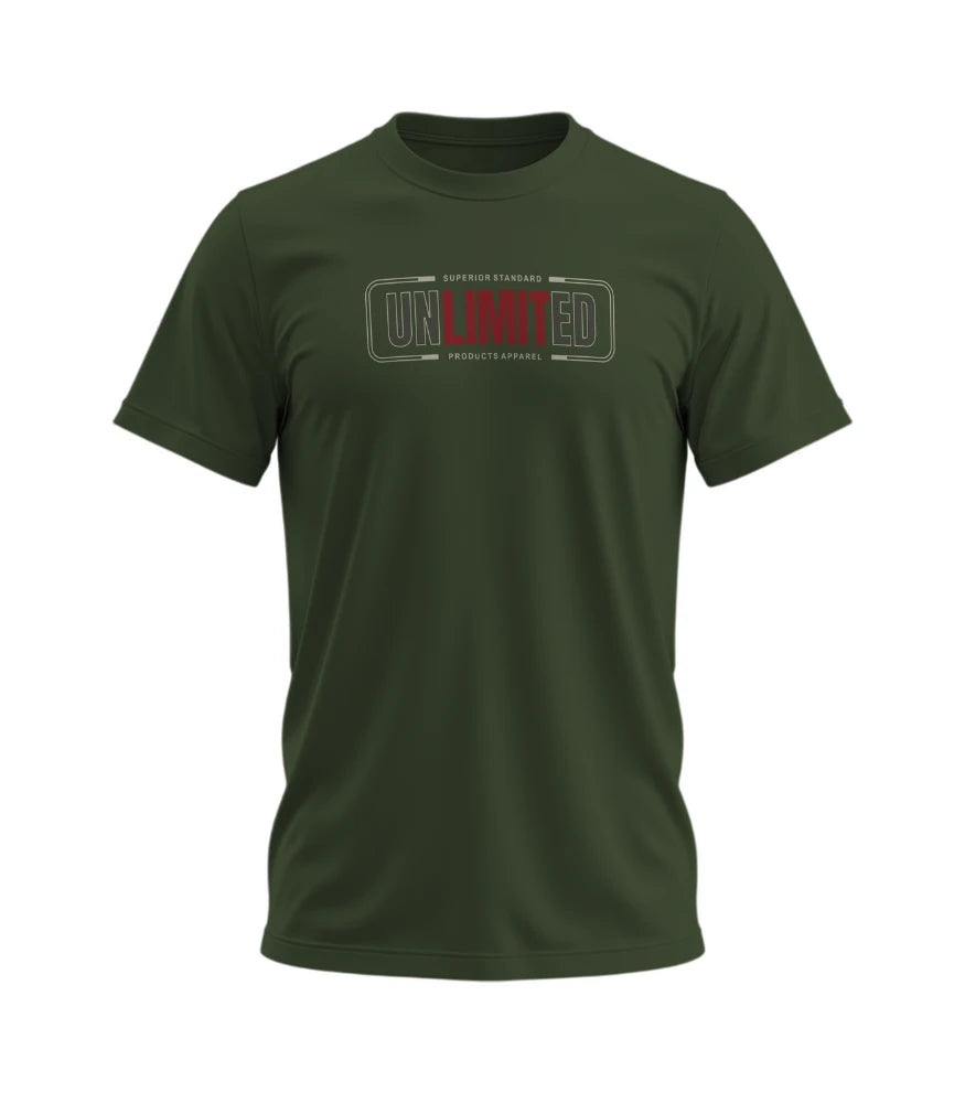 Green t-shirt with 'UNLTD' logo on a white background
