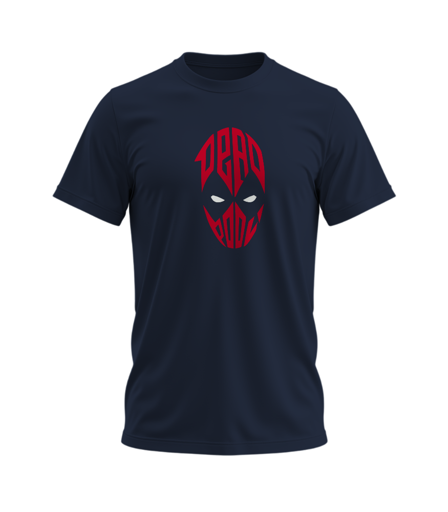 Navy blue t-shirt with red 'DEADPOOL' logo on a white background