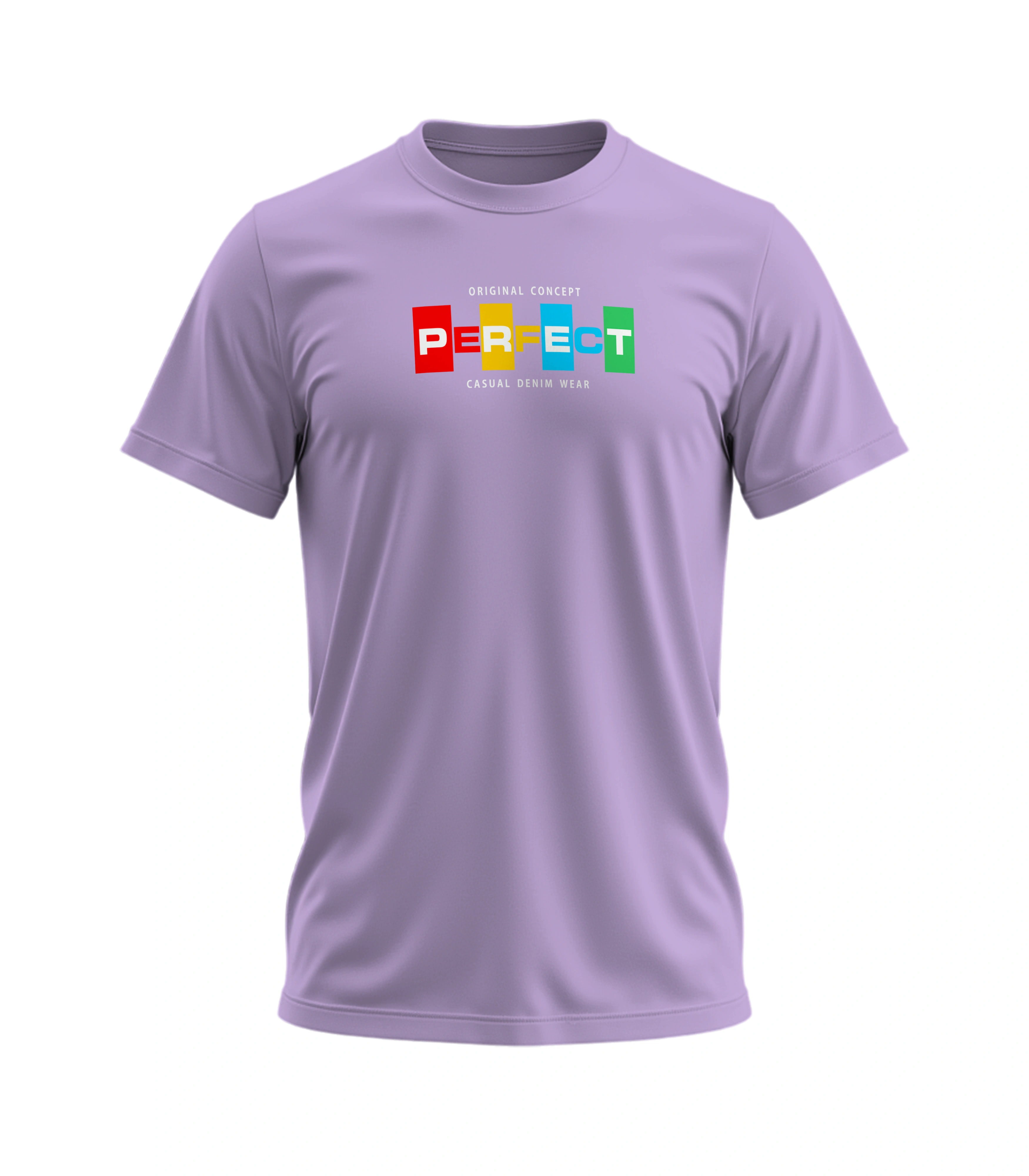 Purple t-shirt with colorful 'PERFECT' text design on a white background