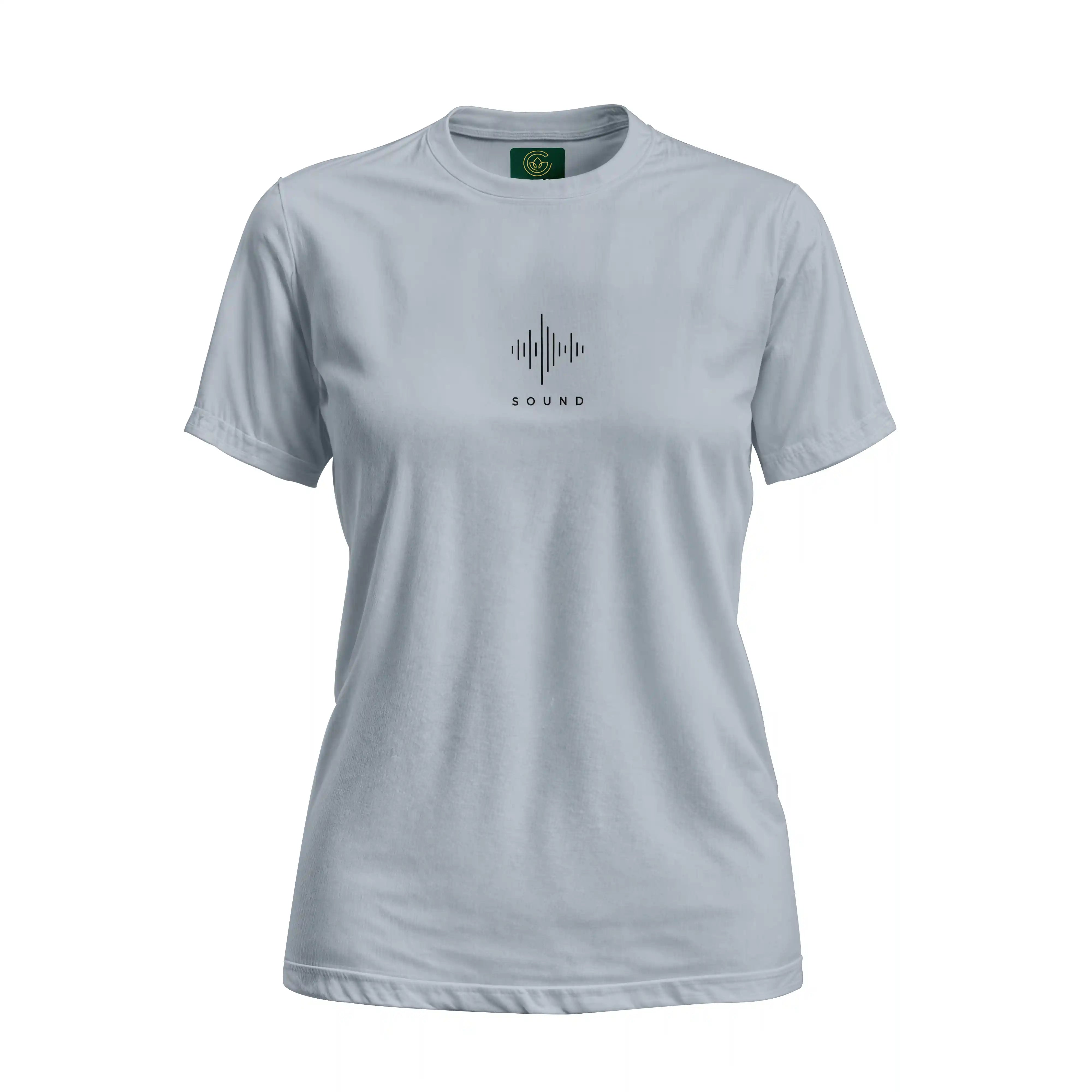 Gray t-shirt with a sound wave design and 'SOUND' text on a white background