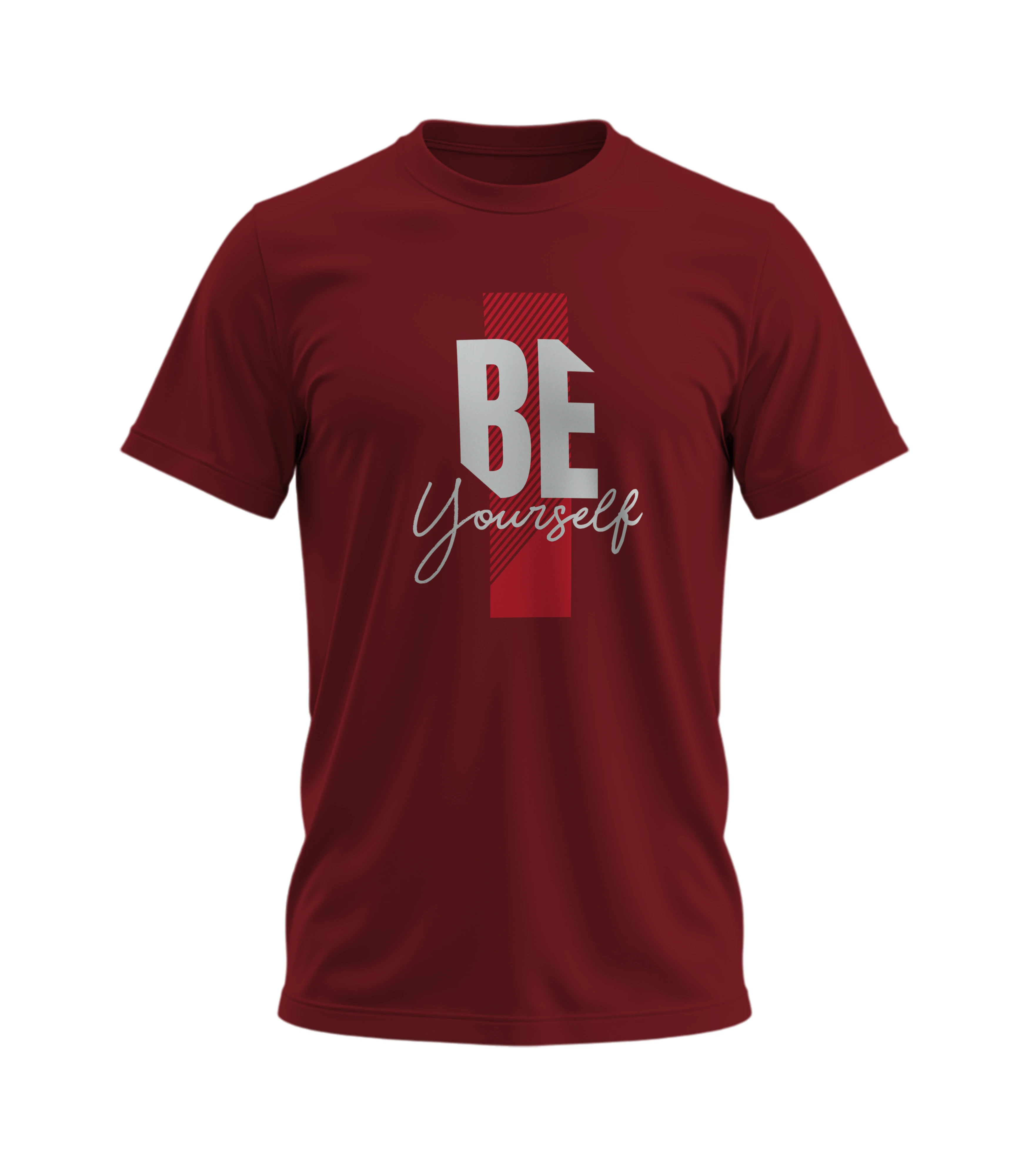Maroon t-shirt with 'BE Yourself' text on a white background