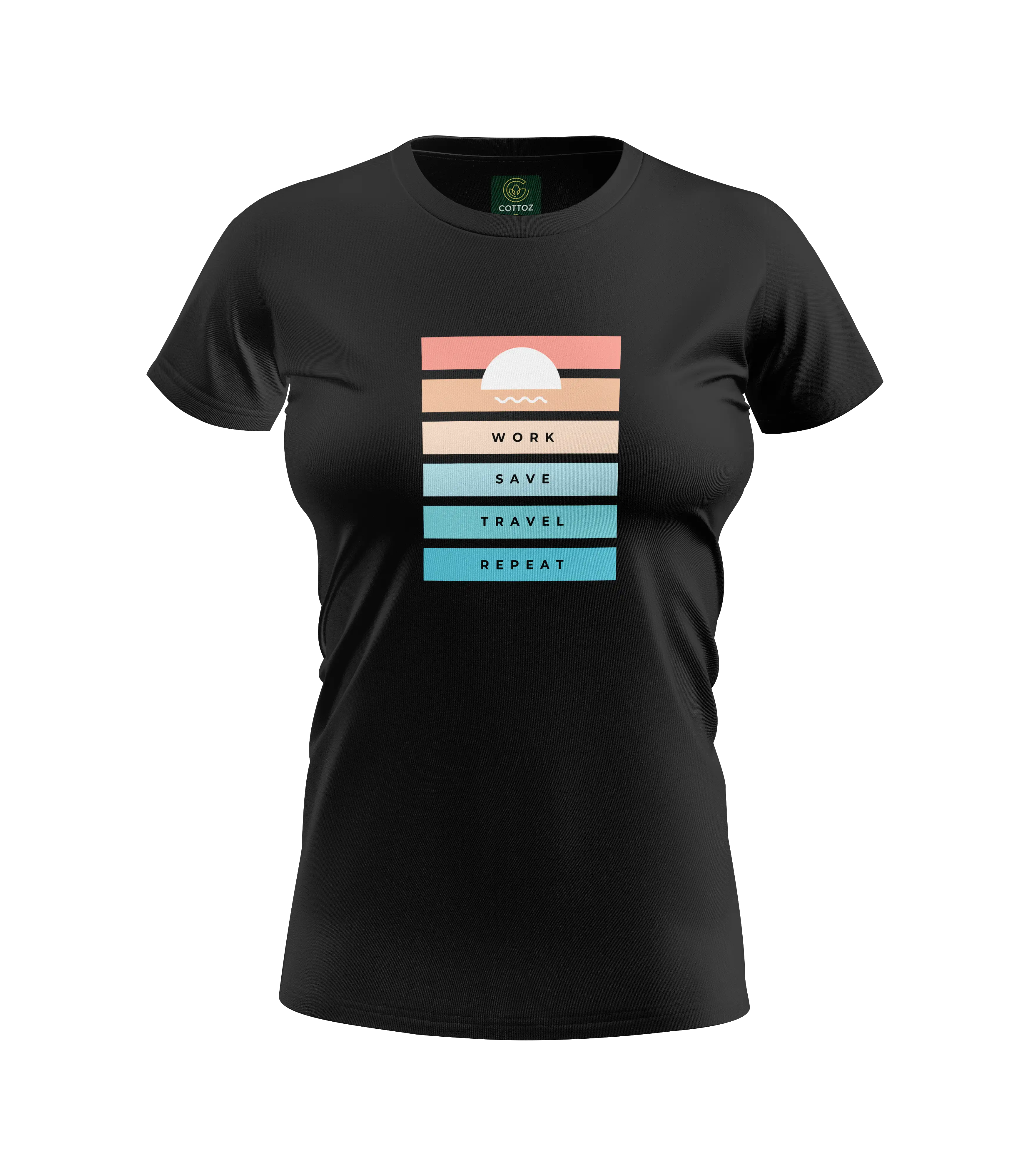 Black t-shirt with colorful graphic design on a white background