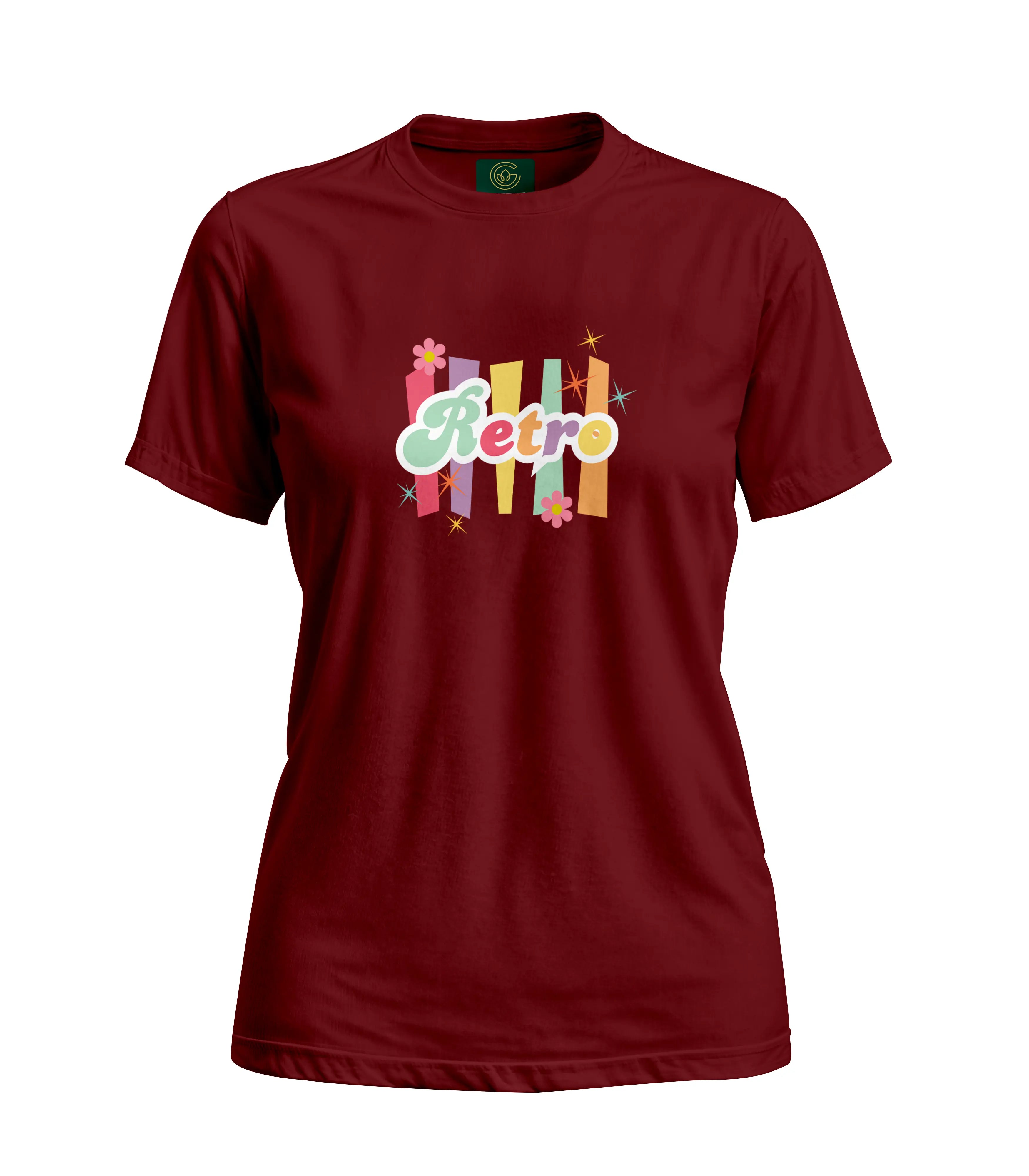Maroon t-shirt with colorful 'Retro' design on a white background