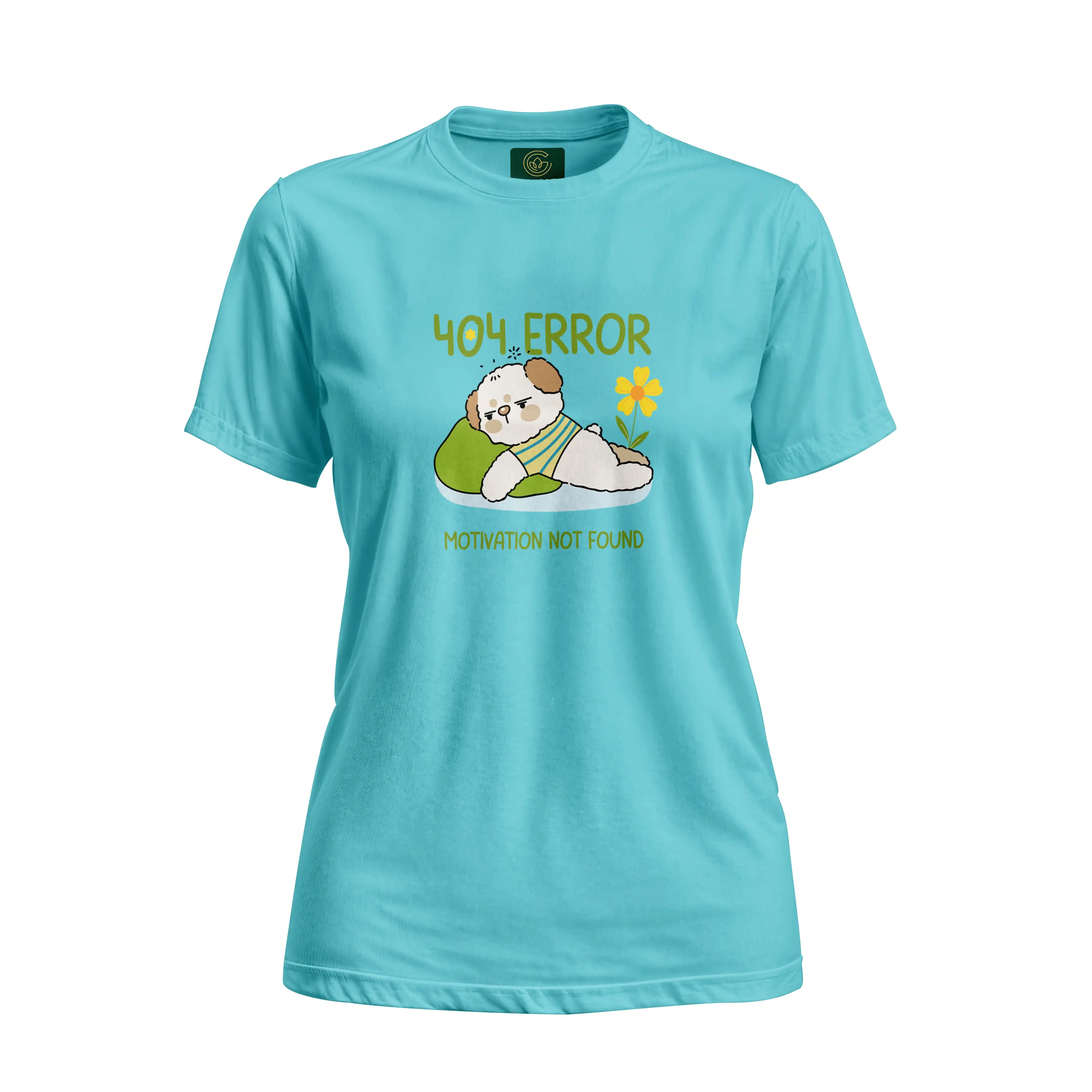 Turquoise t-shirt with a cartoon design and text on a white background