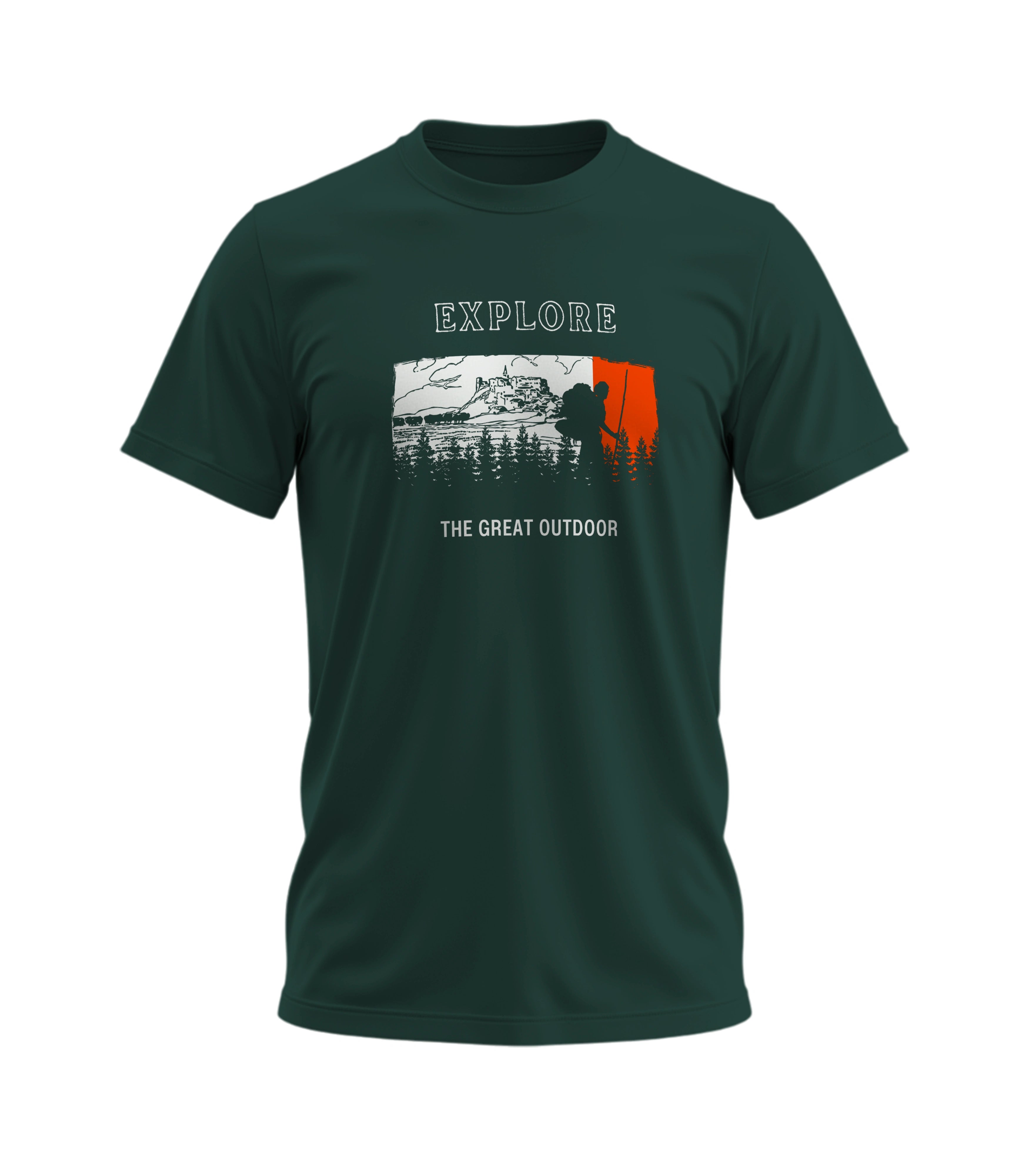 Green t-shirt with outdoor graphic and text on a white background