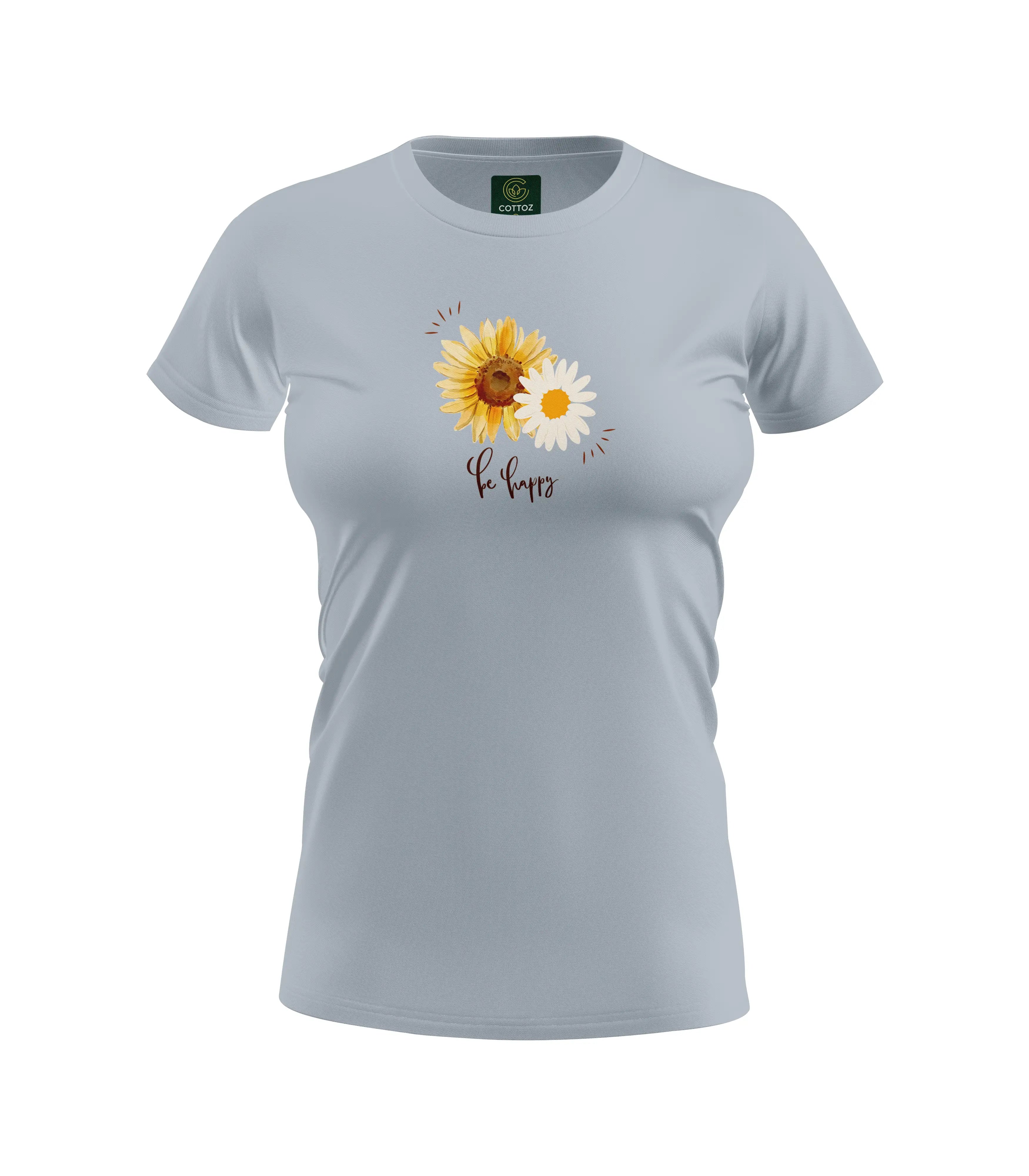 Gray t-shirt with sunflower design and text on a white background
