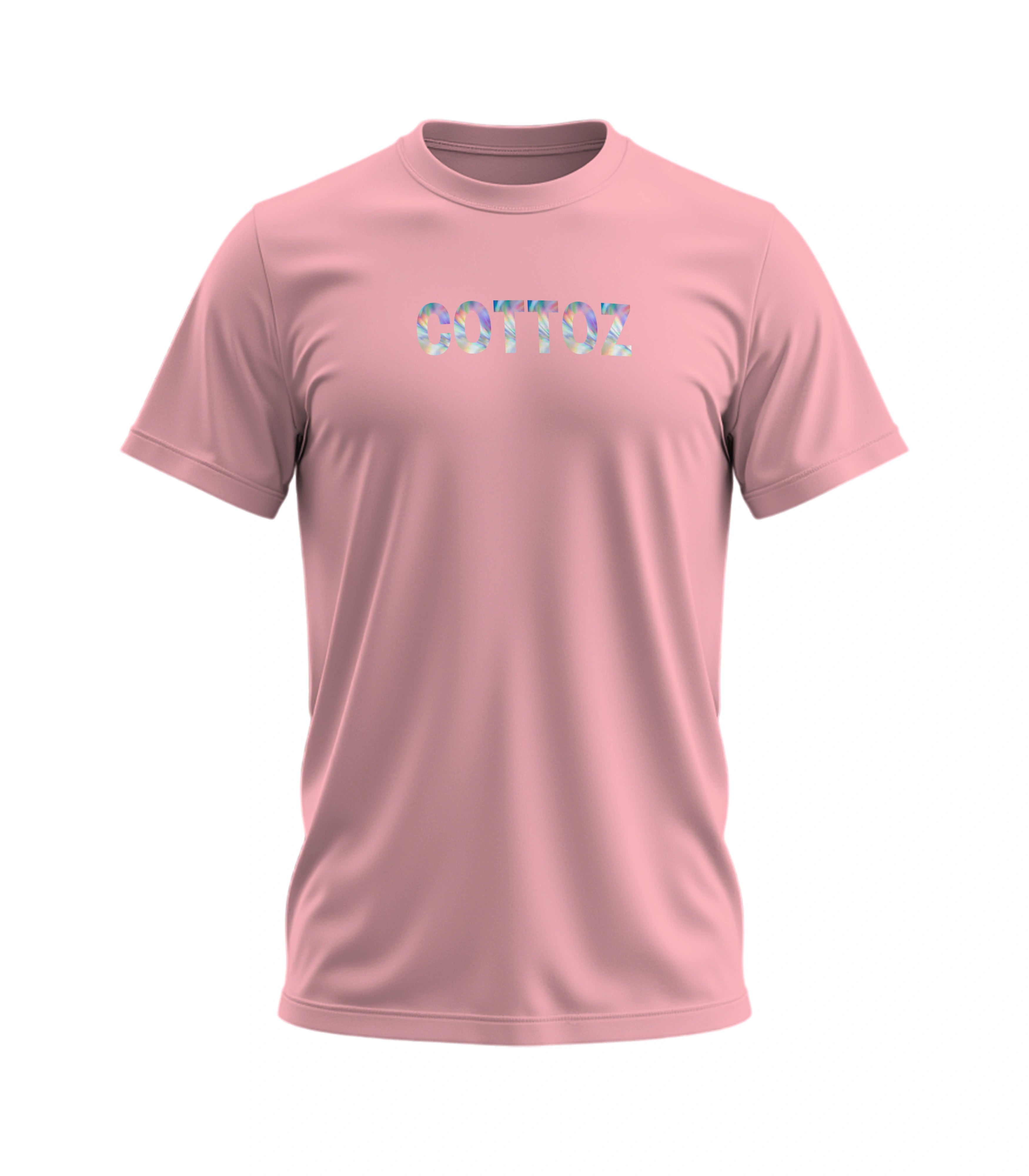 Pink t-shirt with colorful text design on a white background