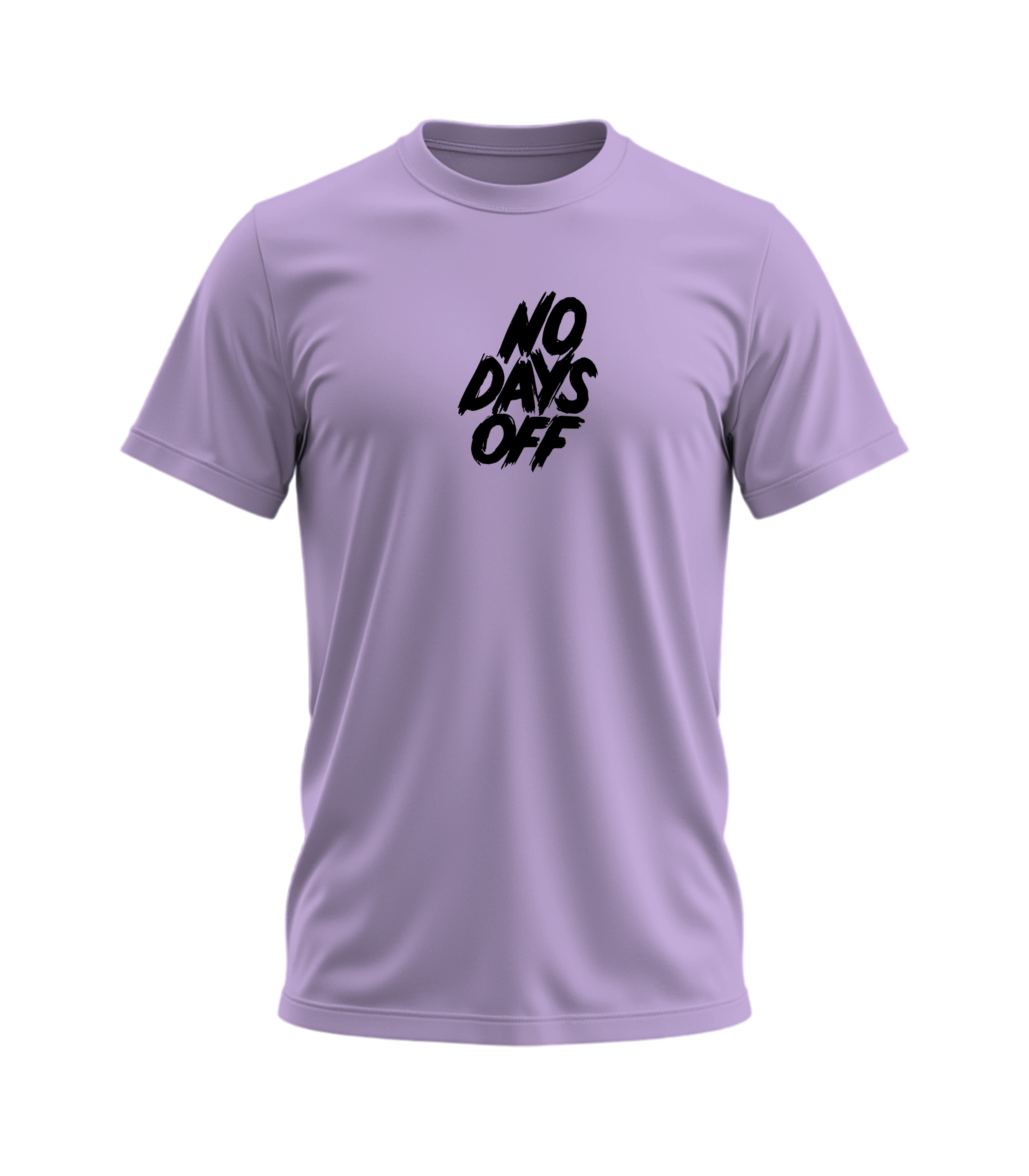 Purple t-shirt with 'No Days Off' text on a white background
