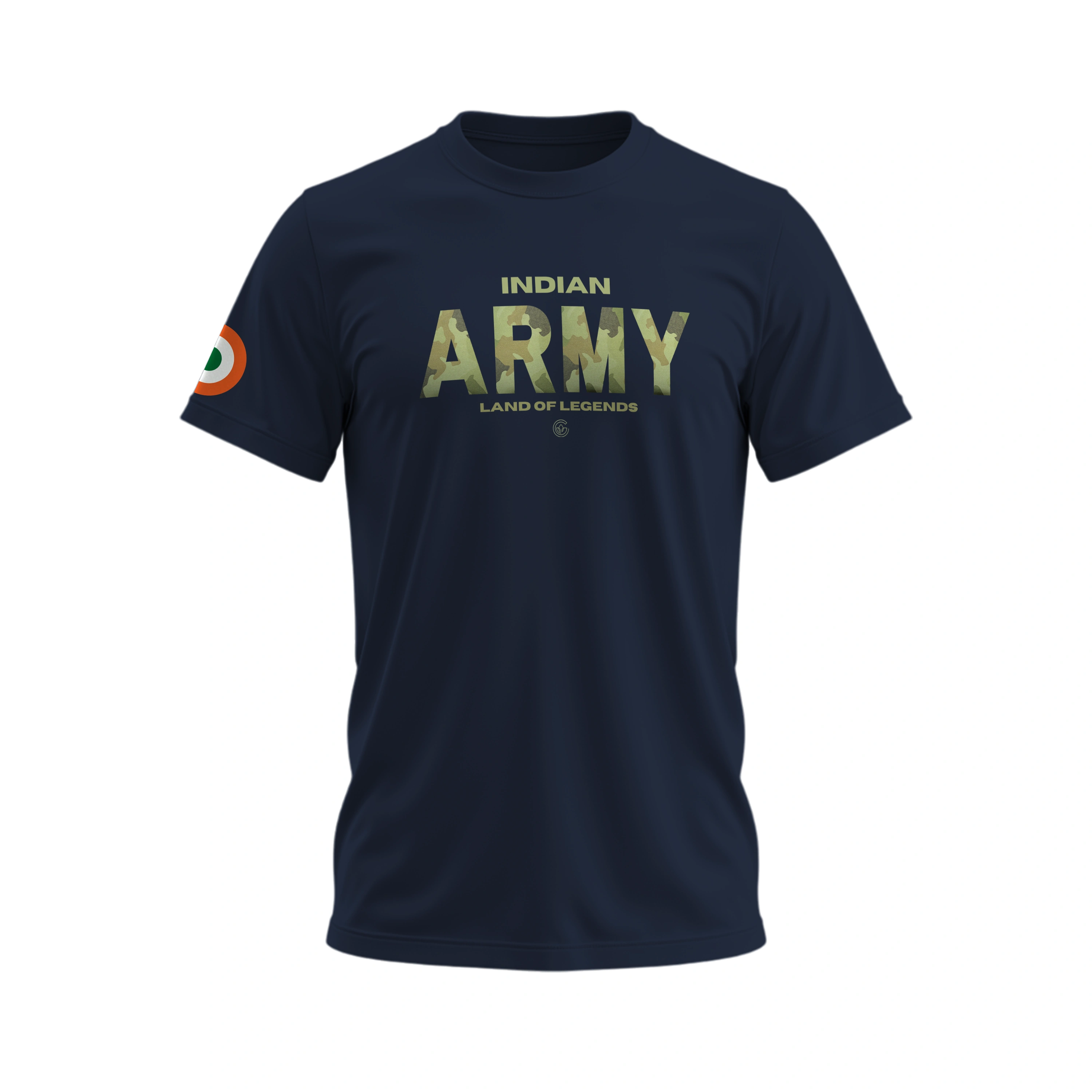 Navy blue t-shirt with 'Indian Army Land of Legends' text on a white background