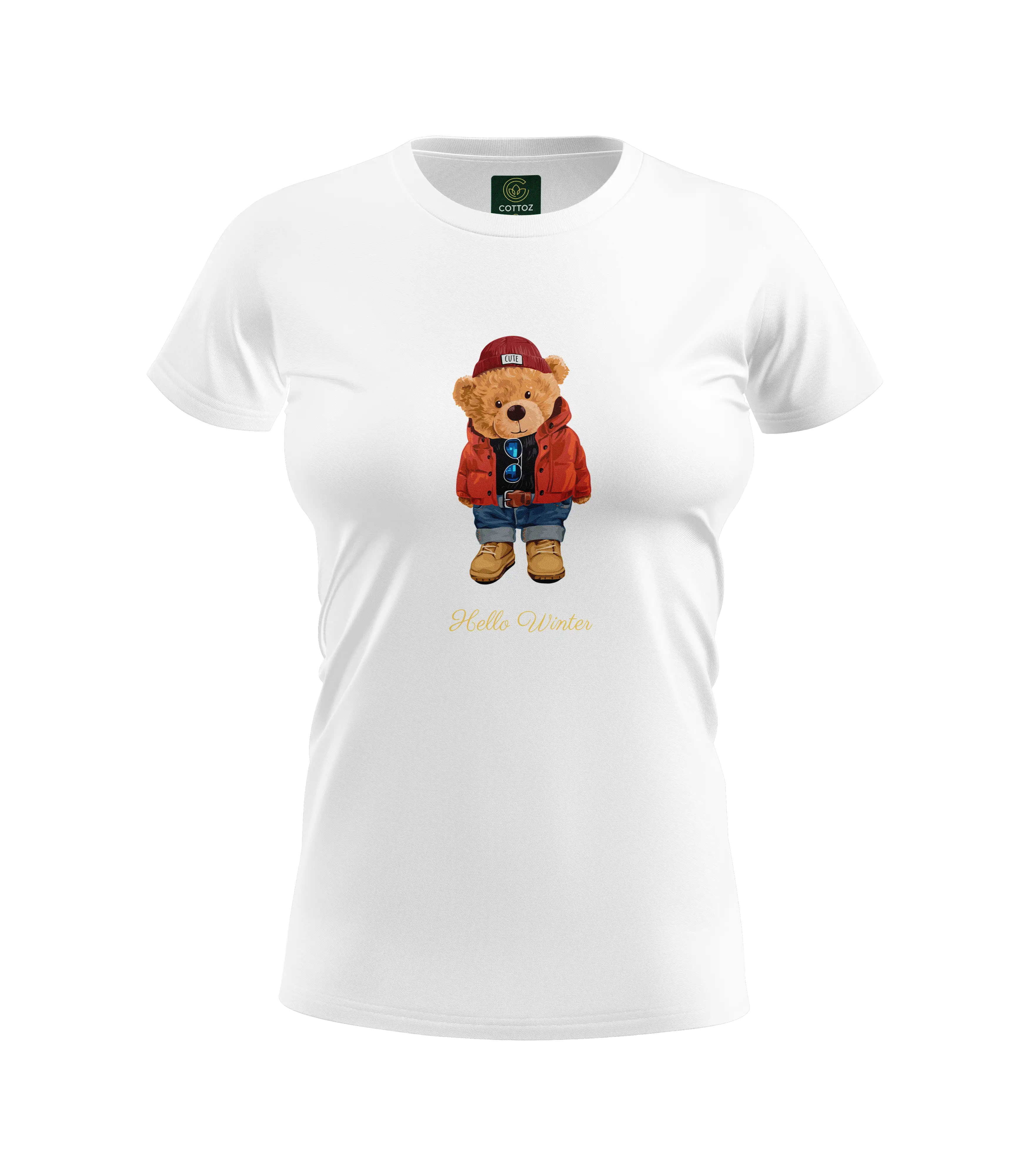 White t-shirt with a teddy bear graphic and text on a white background