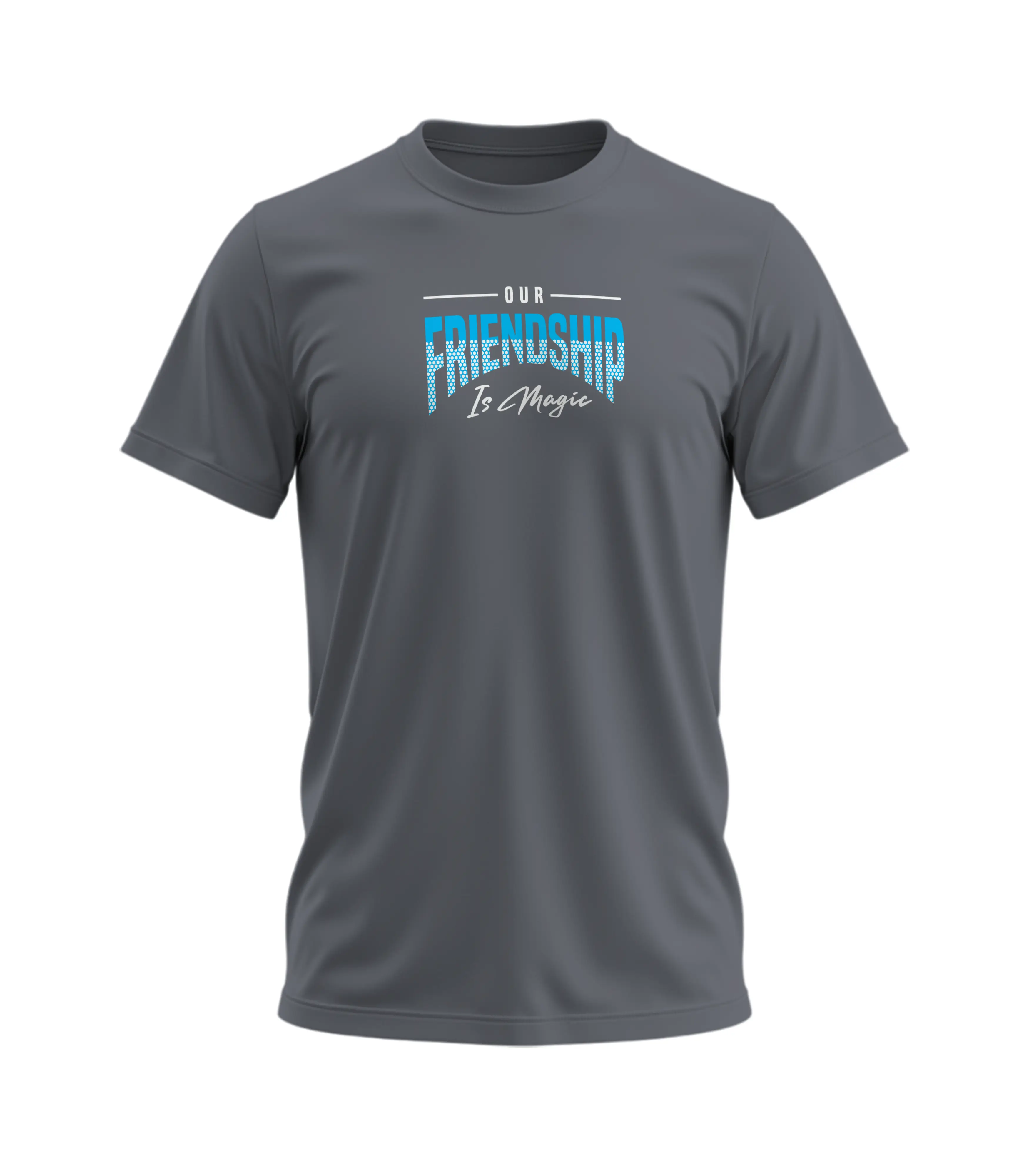 Gray t-shirt with 'Our Friendship Is Magic' text on a white background
