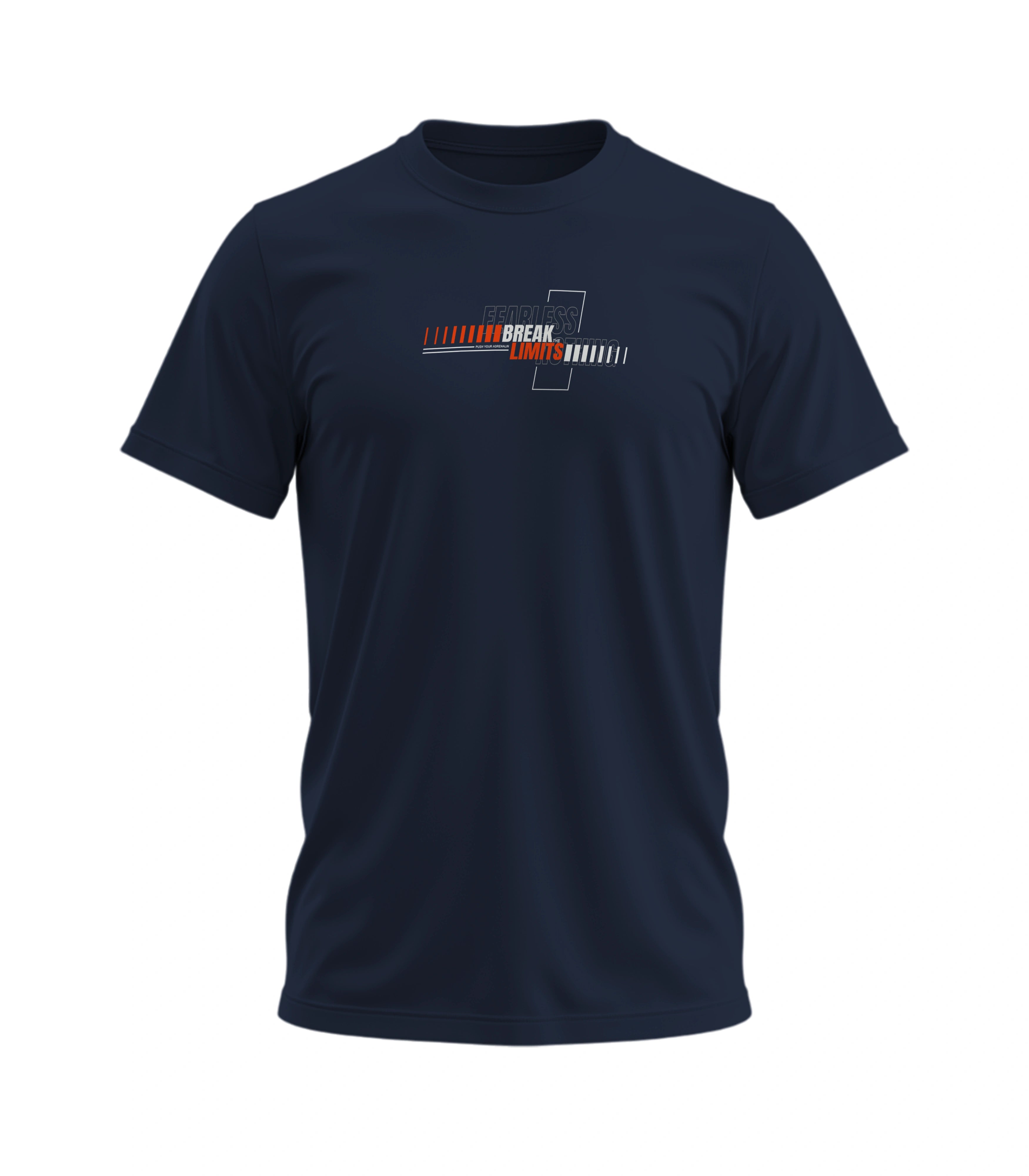 Navy blue t-shirt with a logo on the chest against a white background