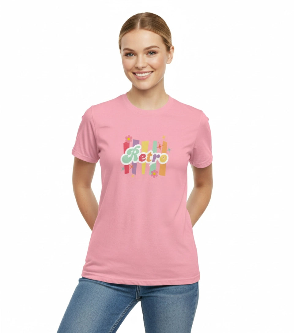 Woman wearing a pink t-shirt with colorful text design on a white background