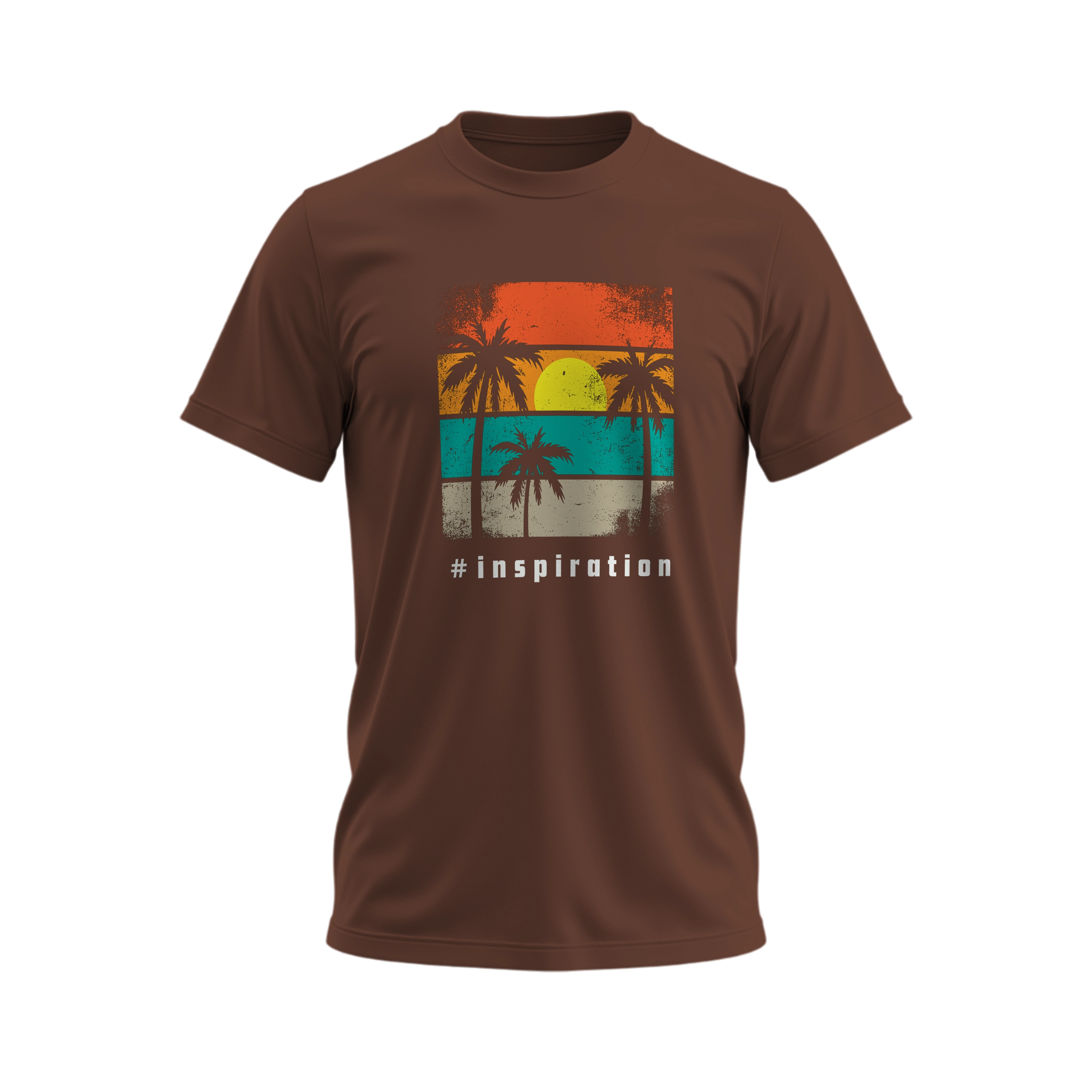 Brown t-shirt with a colorful palm tree design and '#inspiration' text on a white background
