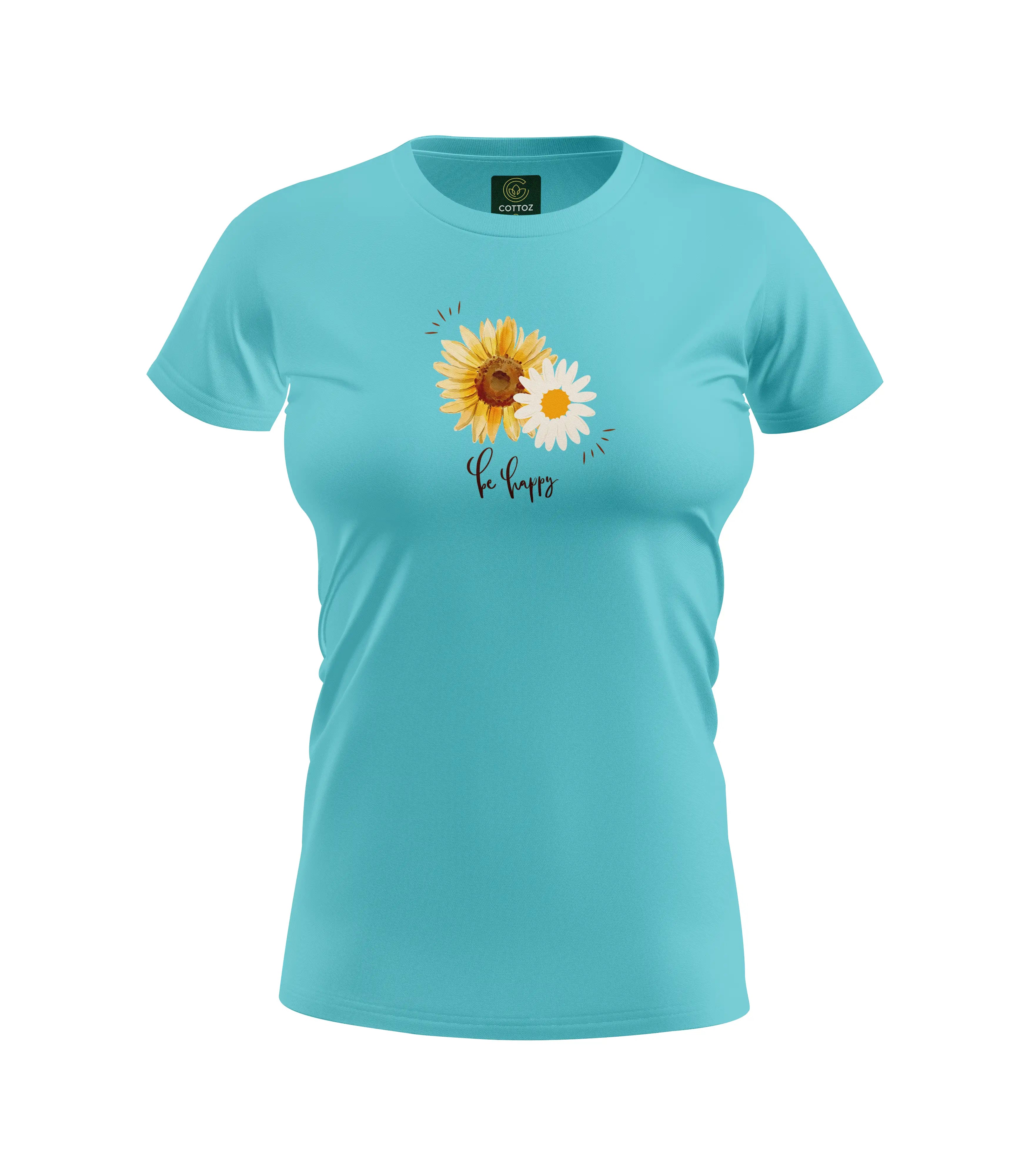 Turquoise t-shirt with a sunflower design and text on a white background