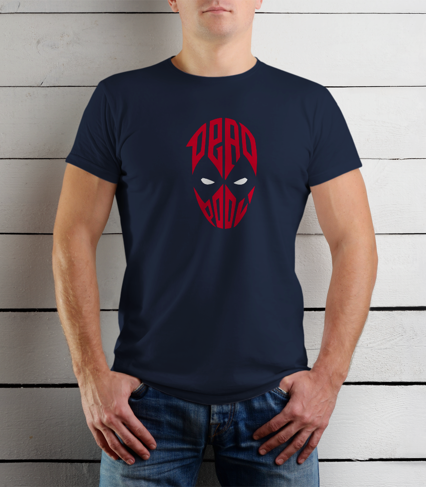 Person wearing a navy blue t-shirt with a red and white graphic design on a wooden background