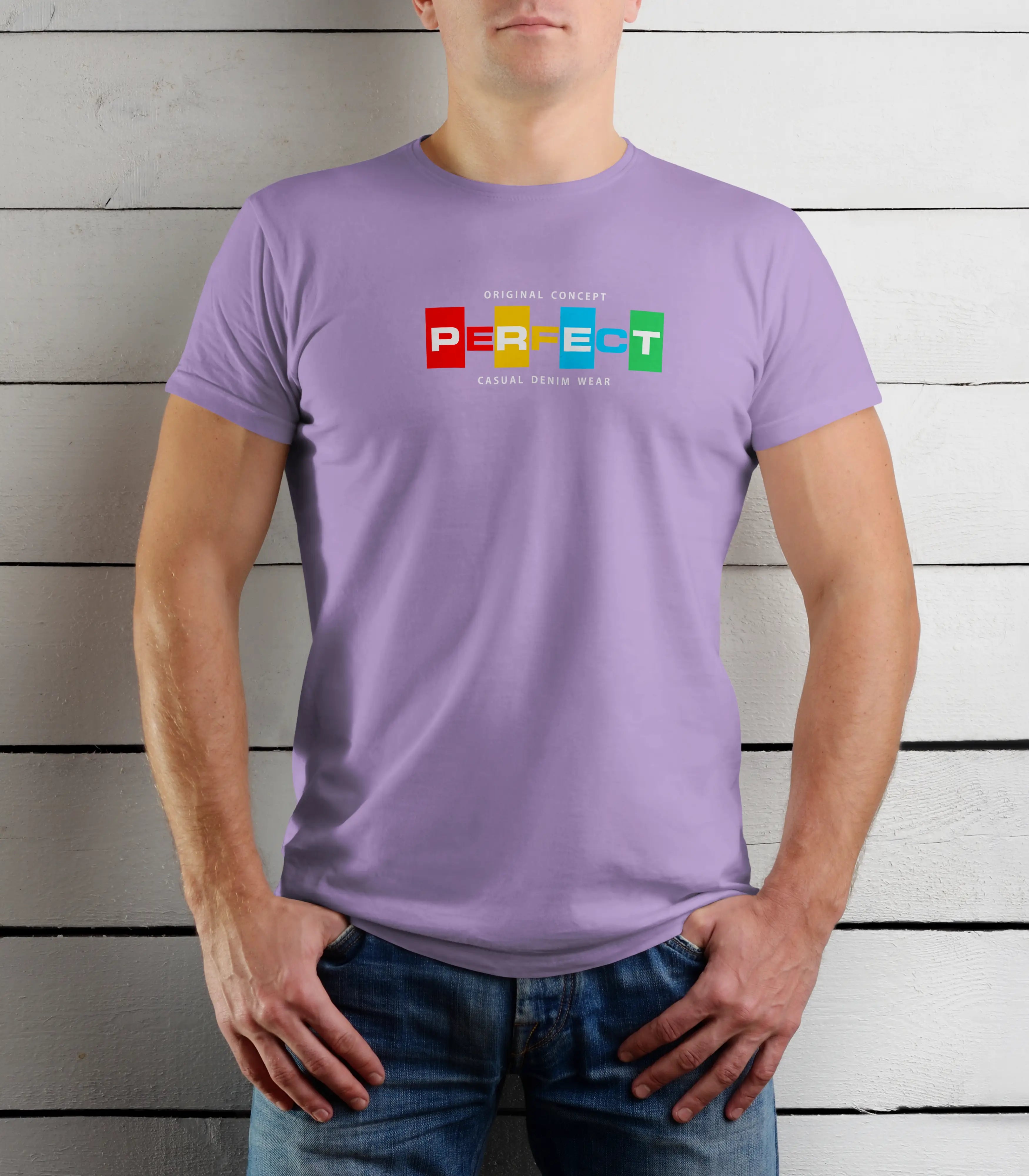 Person wearing a purple t-shirt with colorful text design against a wooden background