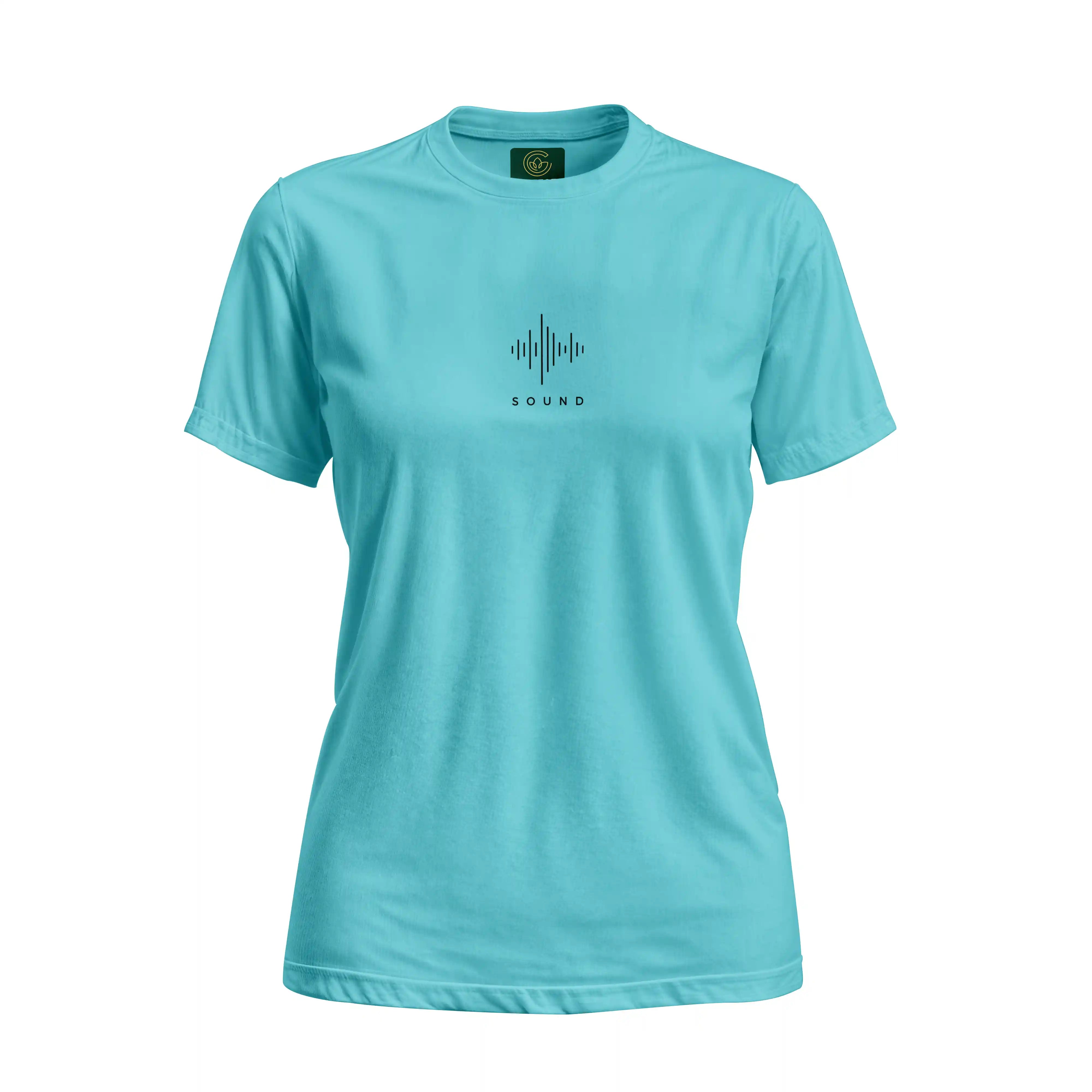Light blue t-shirt with a black graphic and text on a white background