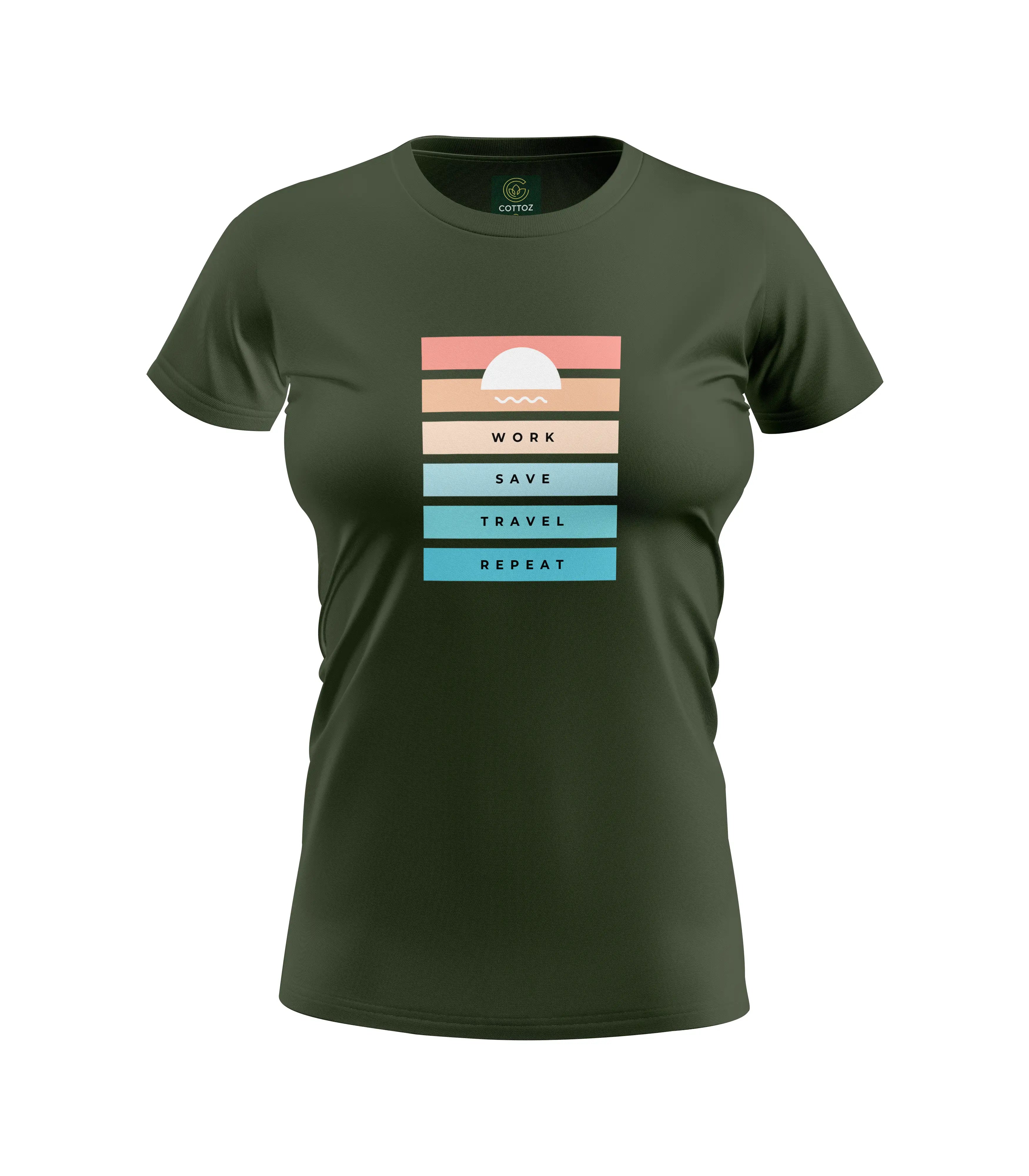 Green t-shirt with a colorful graphic and text on a white background