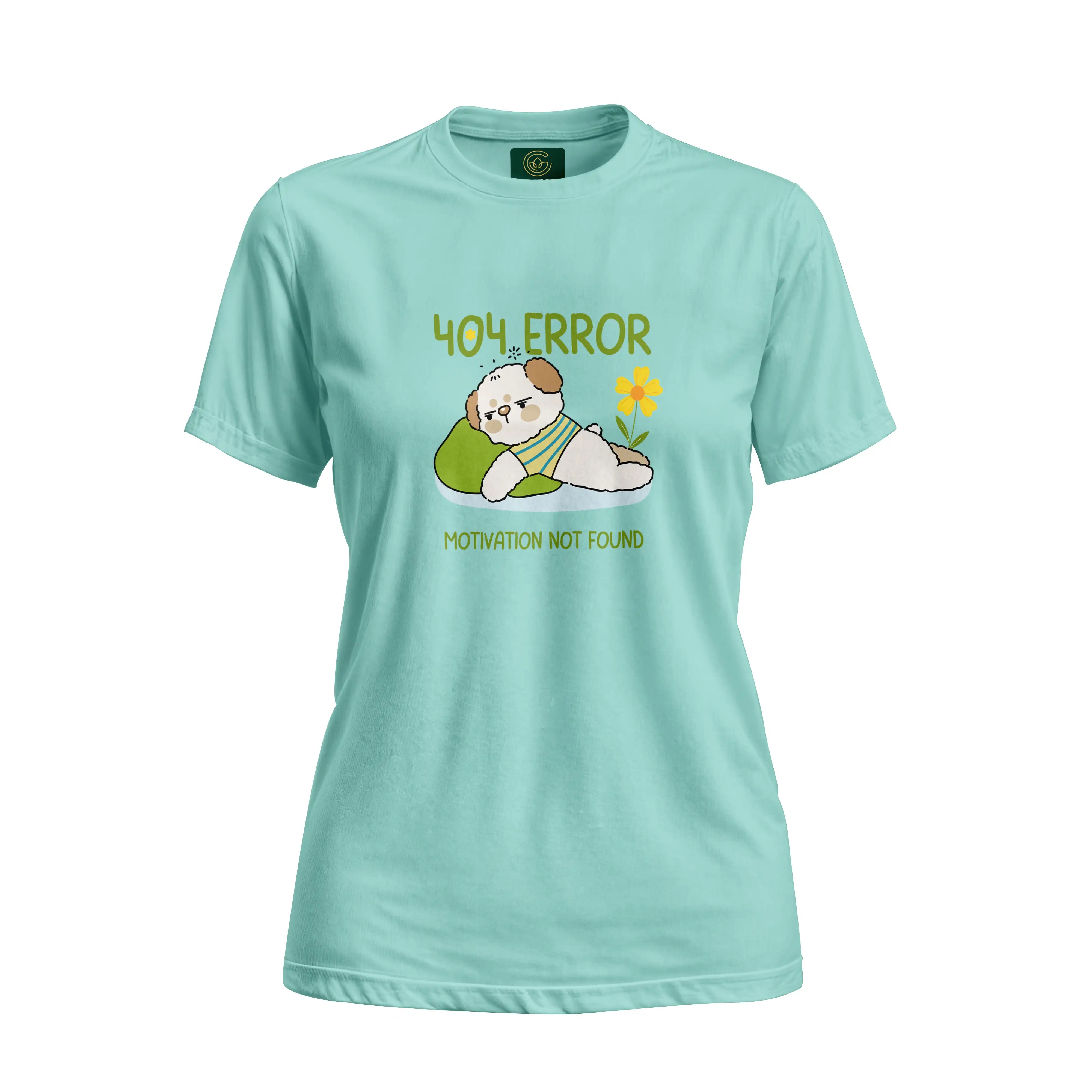 Light blue t-shirt with a cartoon dog and text on a white background