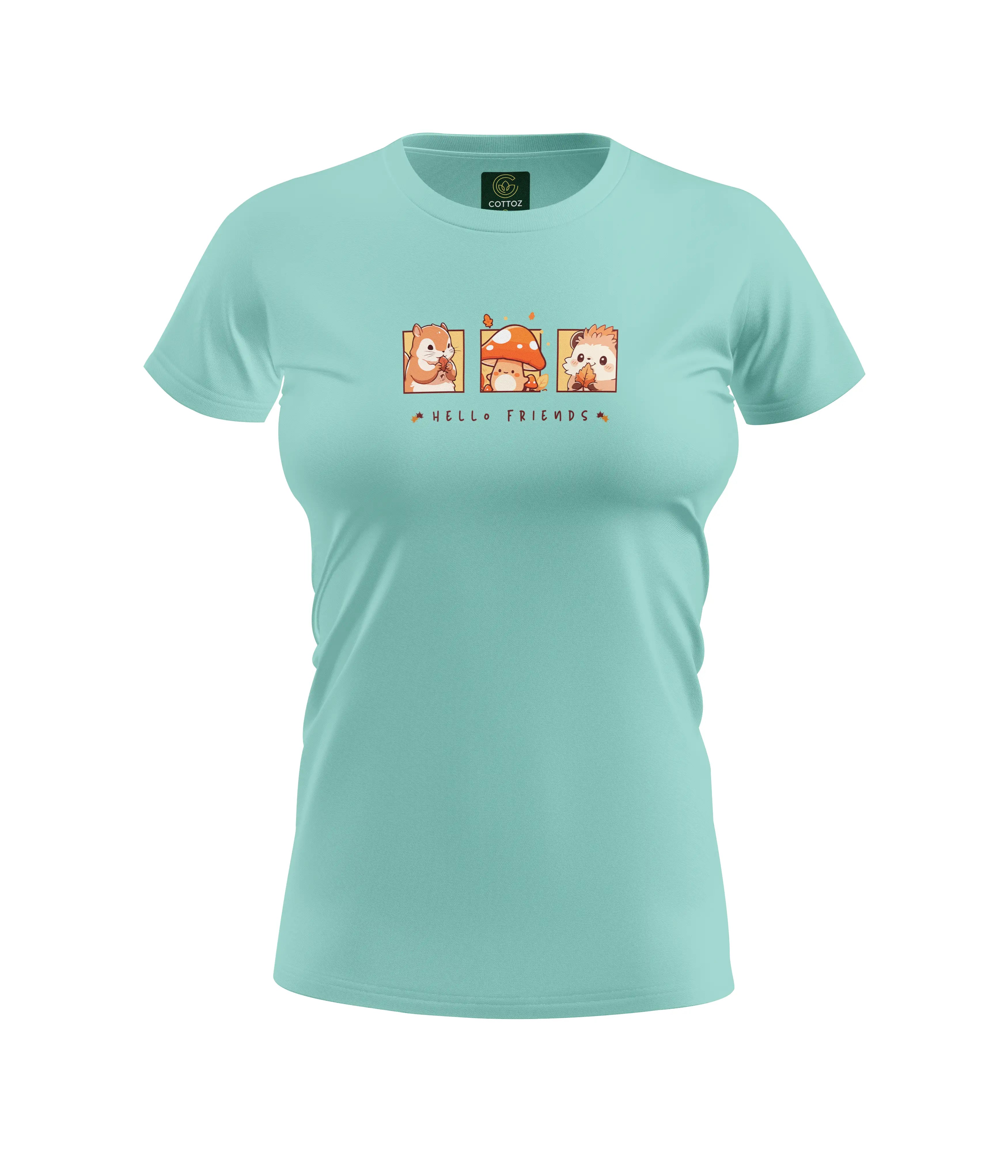 Light blue t-shirt with cartoon character design on a white background