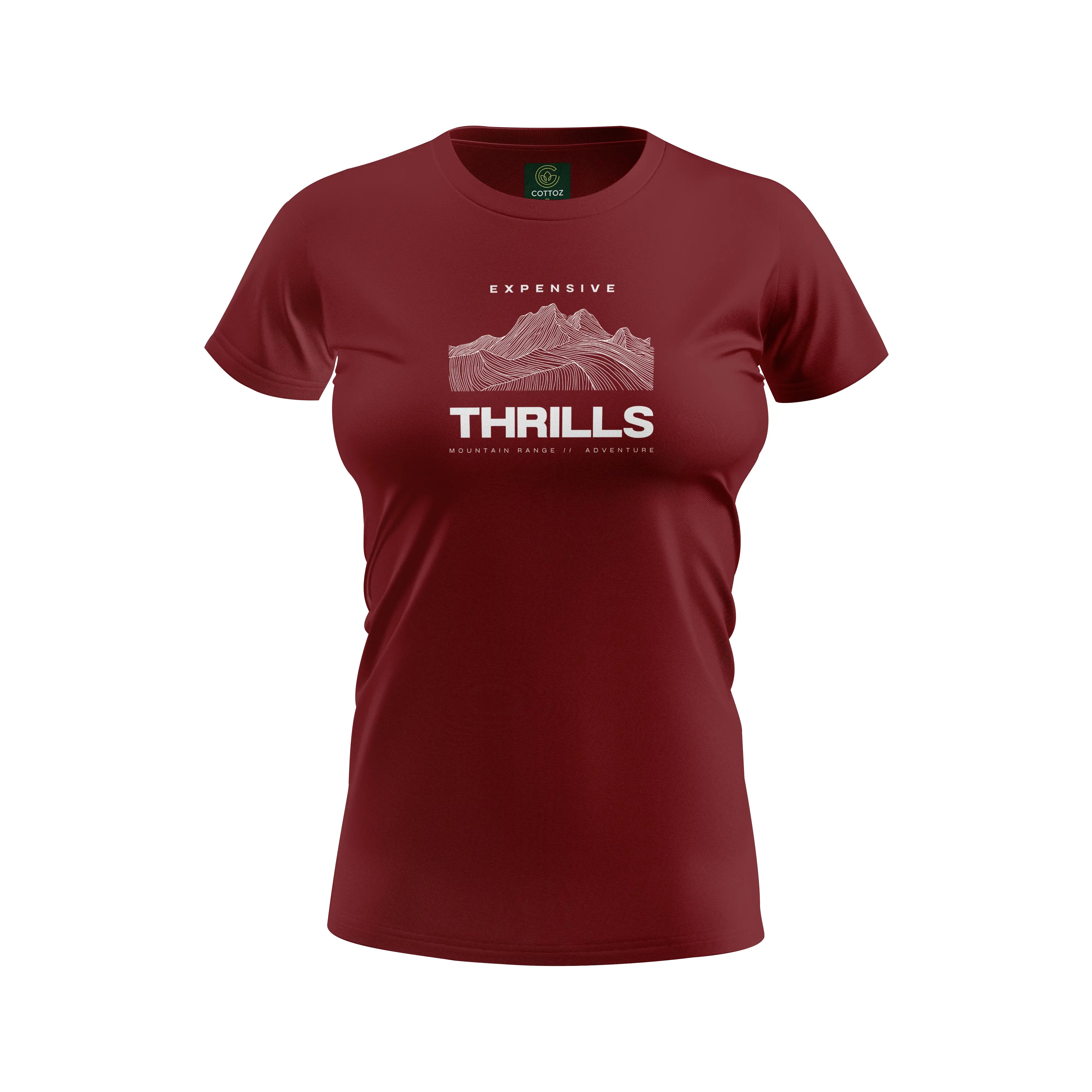 Maroon t-shirt with white graphic and text on a white background