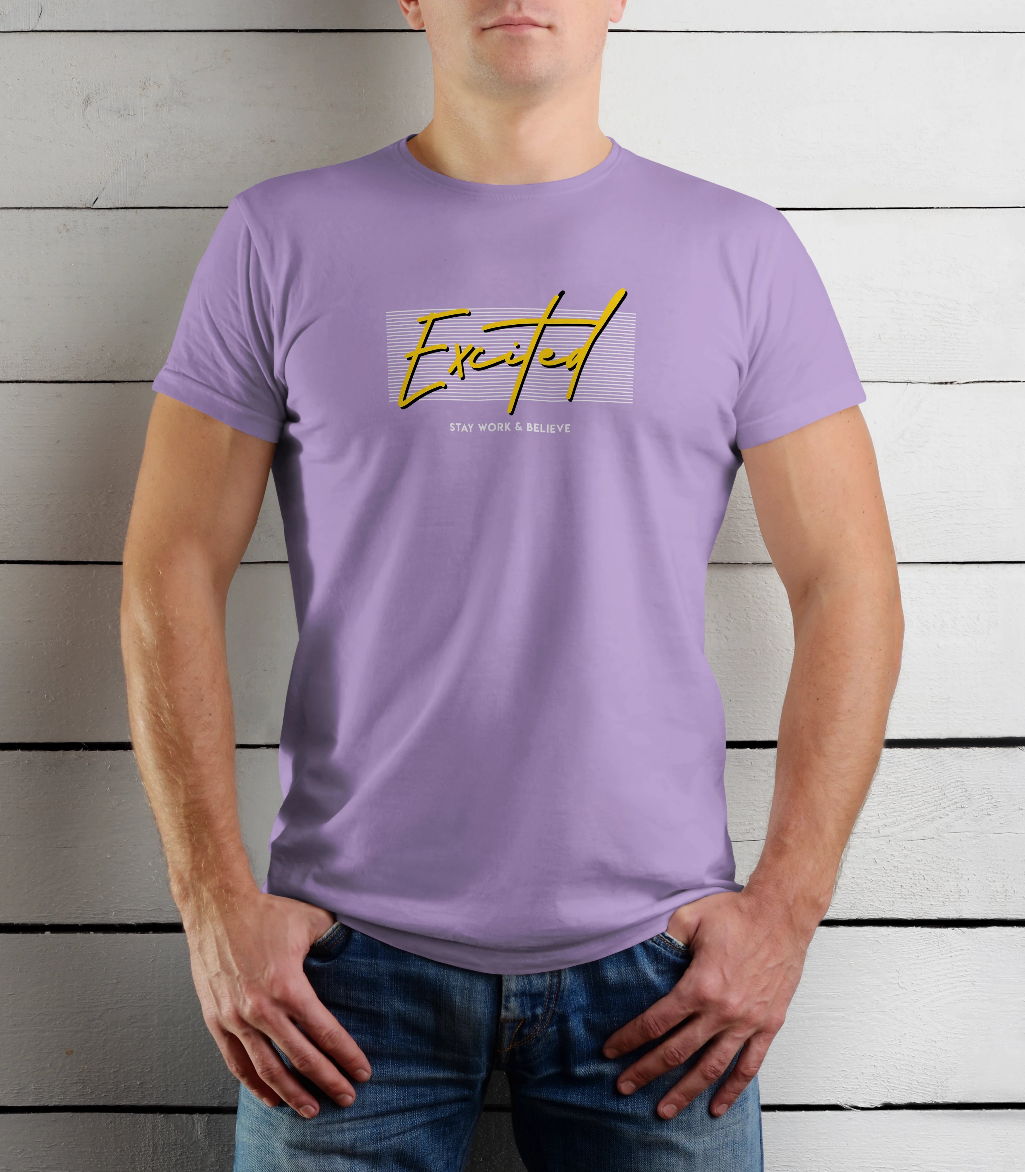 Person wearing a purple t-shirt with yellow text against a wooden background