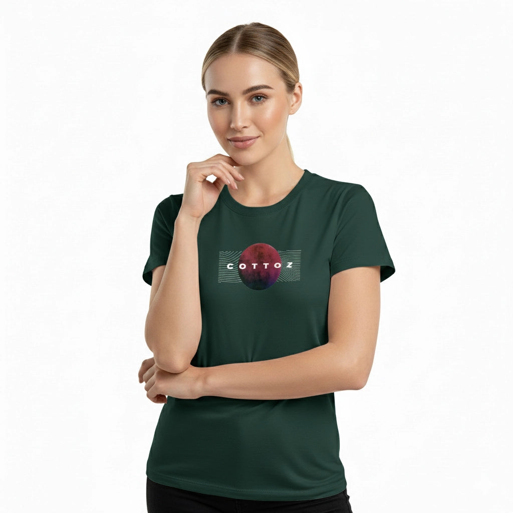 Woman wearing a green t-shirt with a logo on a white background