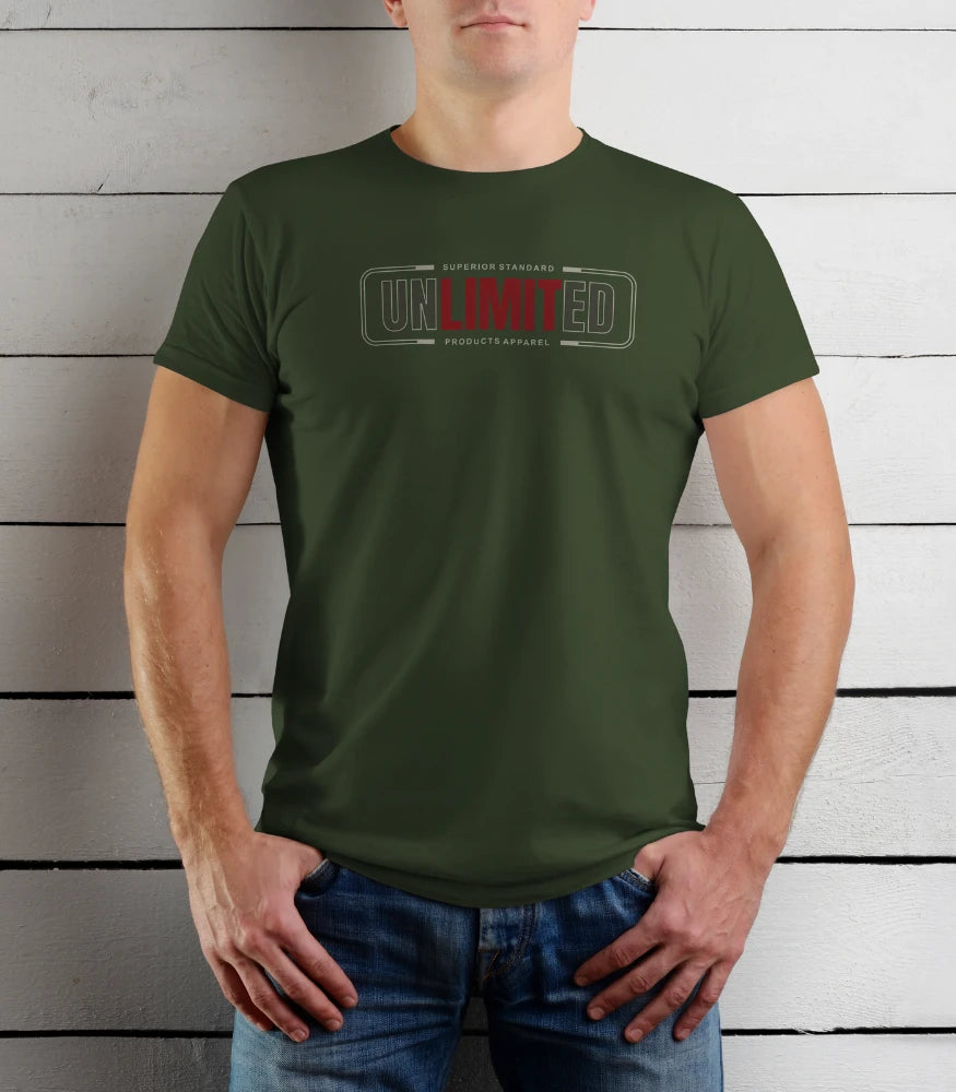 Person wearing a green t-shirt with 'UNLIMITED' logo against a wooden background