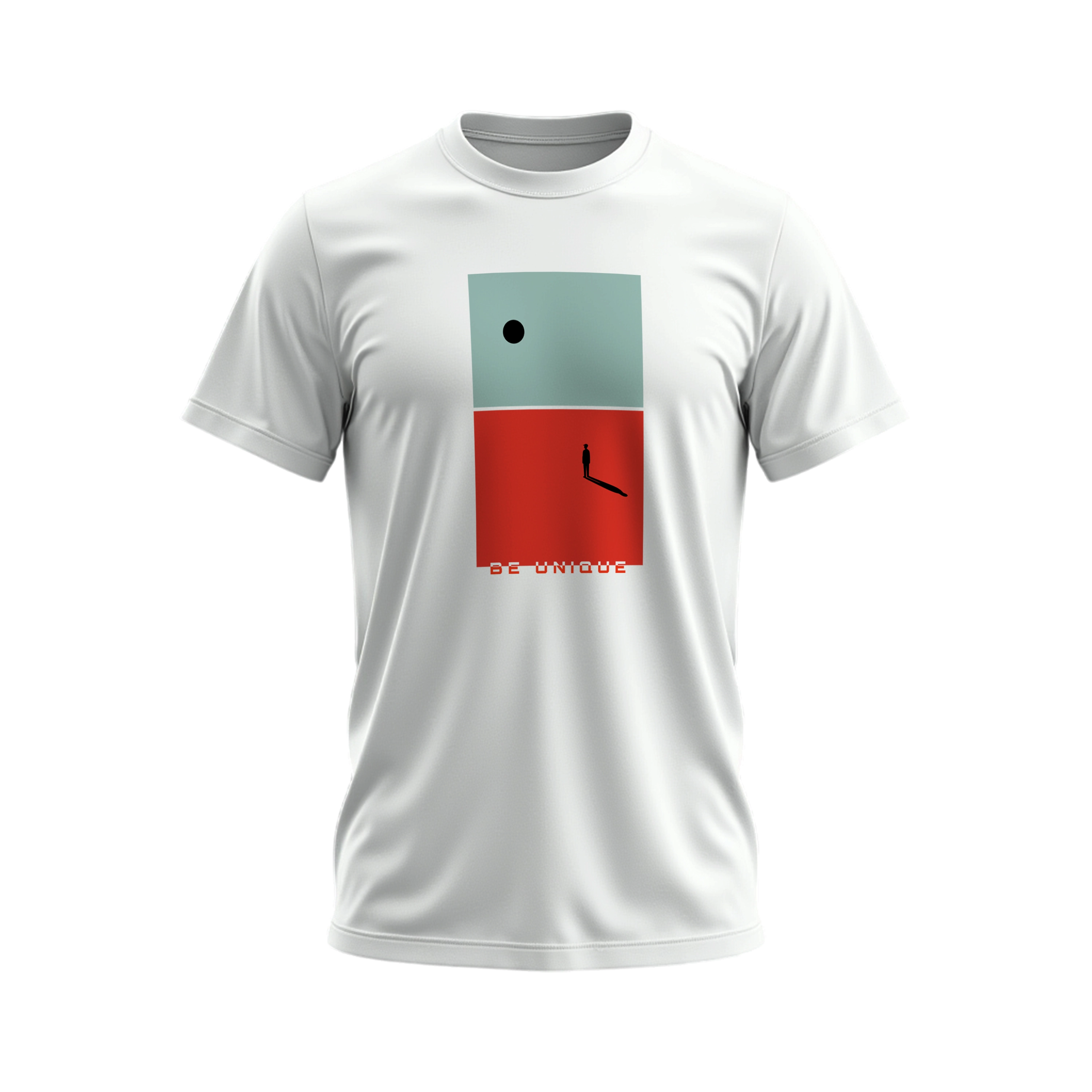 White t-shirt with a graphic design on a white background
