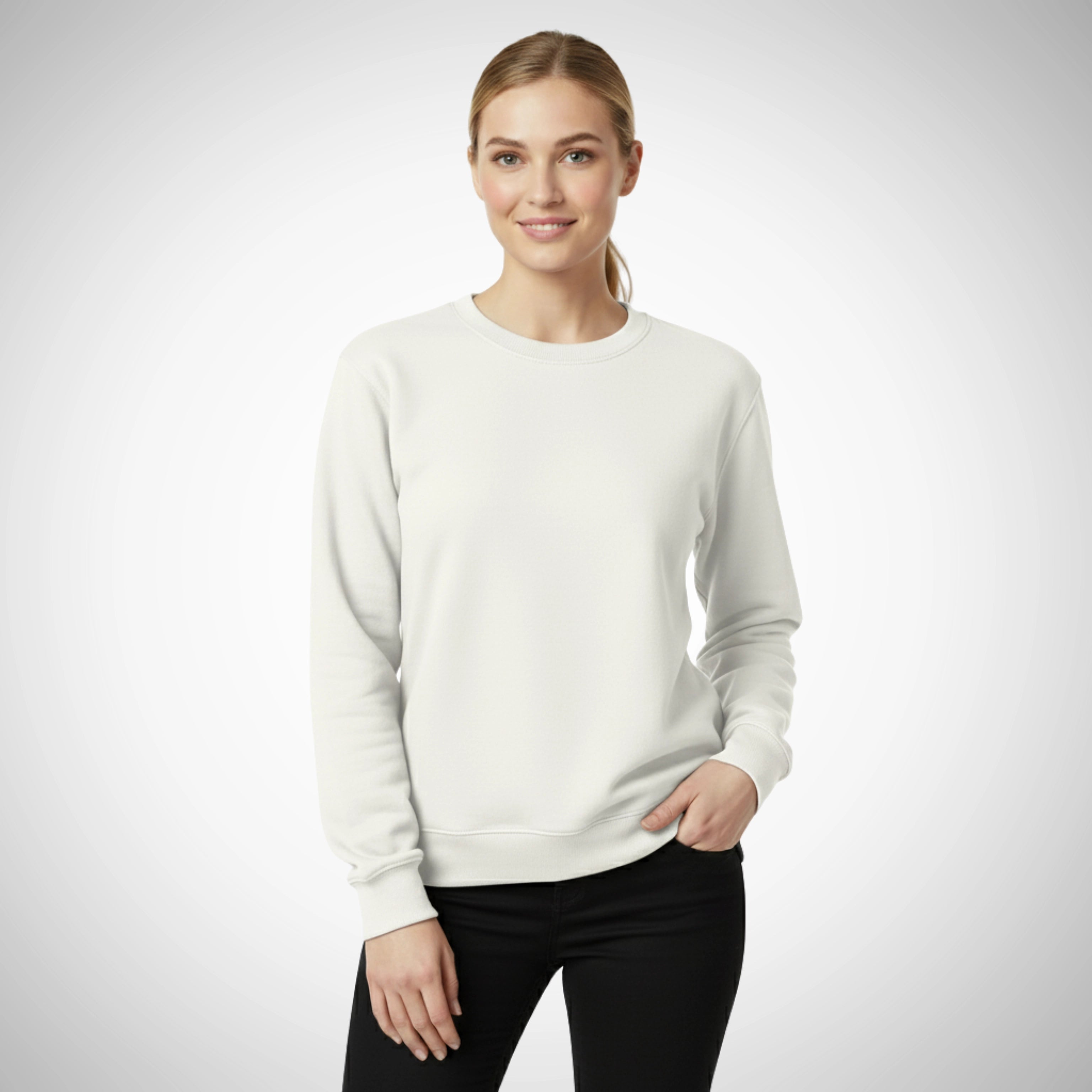 Woman wearing a white sweatshirt against a plain background