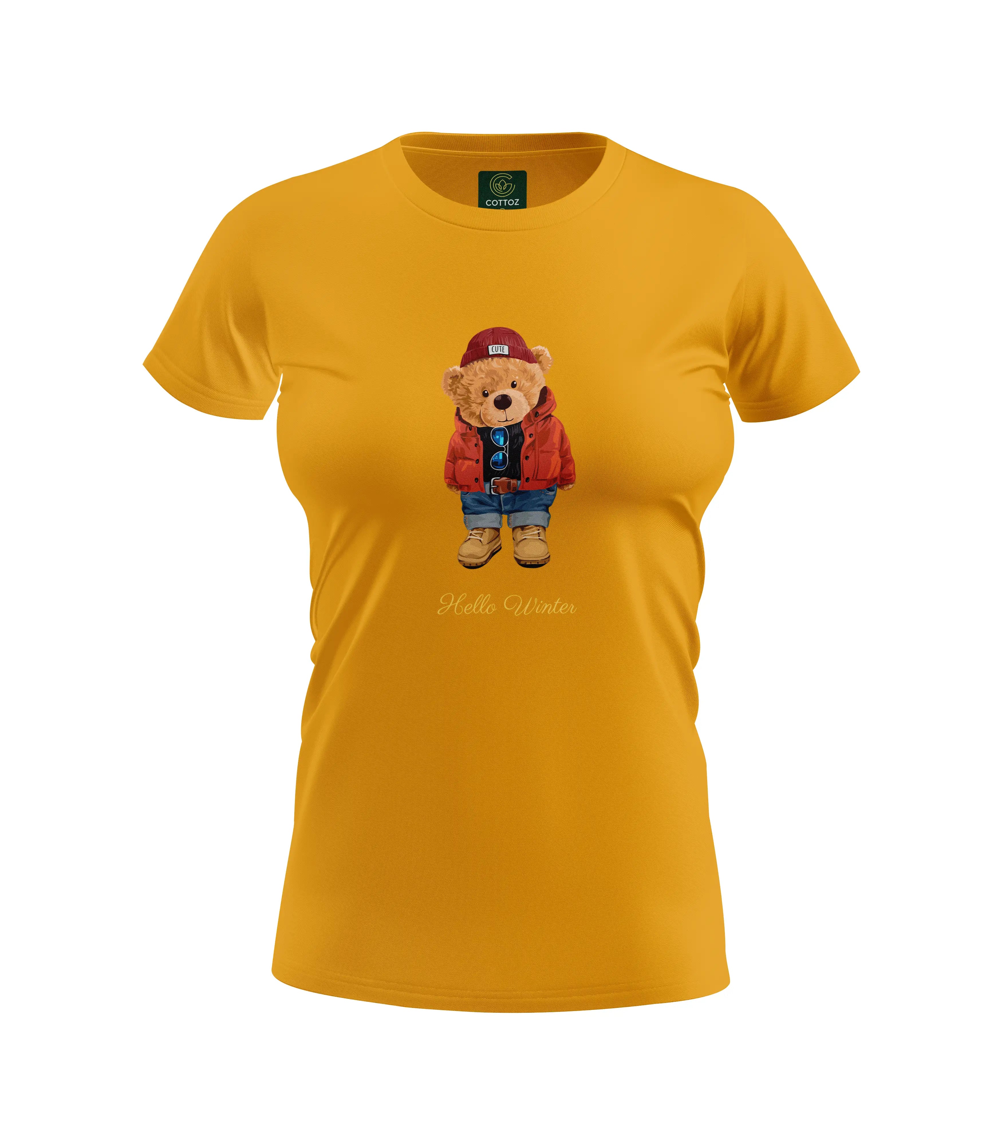 Yellow t-shirt with a bear graphic and 'Hello Winter' text on a white background