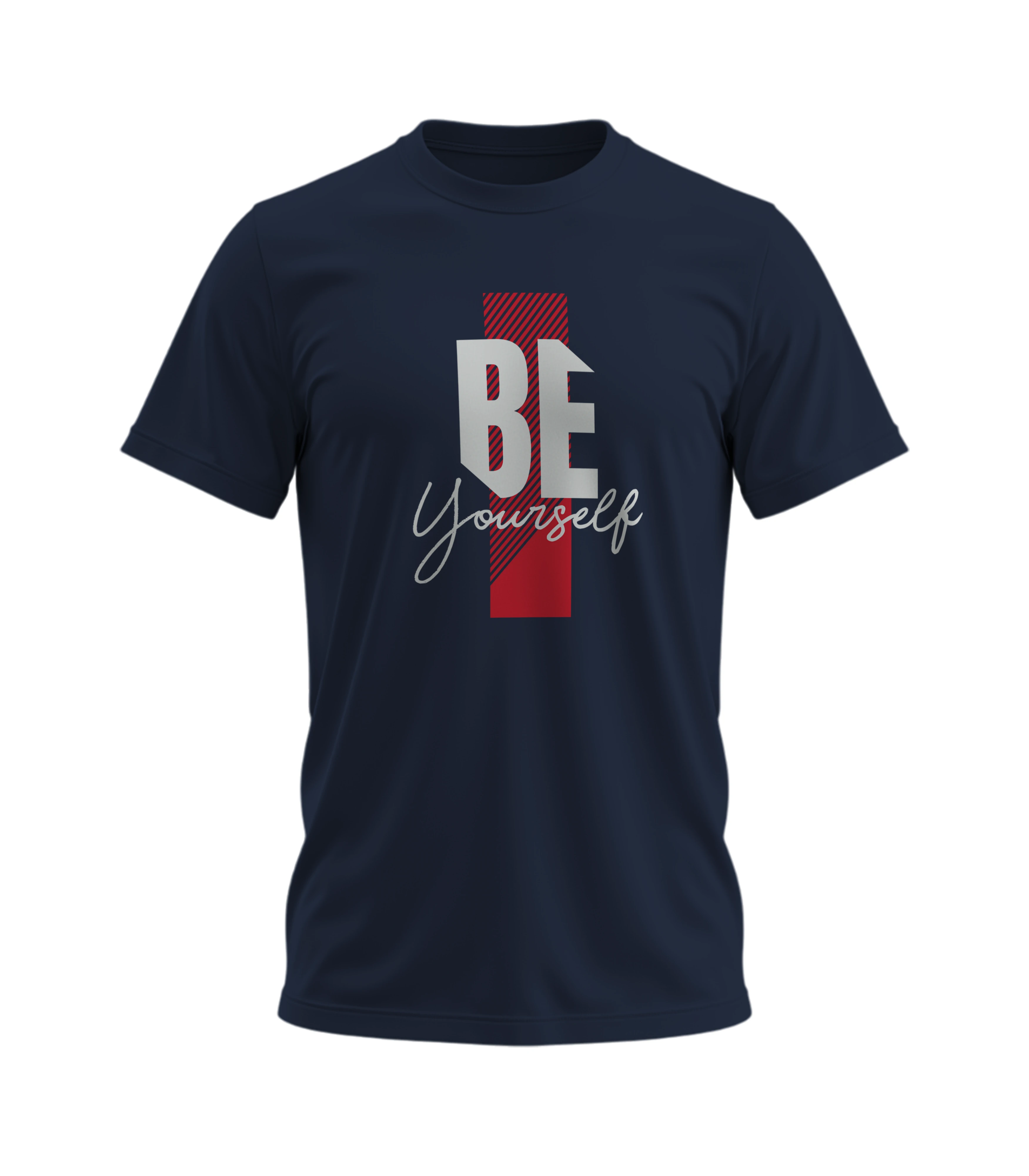 Navy blue t-shirt with 'BE Yourself' text design on a white background