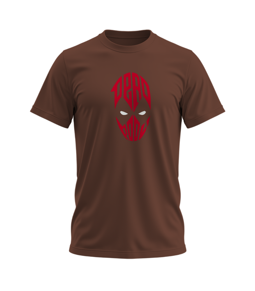 Brown t-shirt with red graphic design on a white background