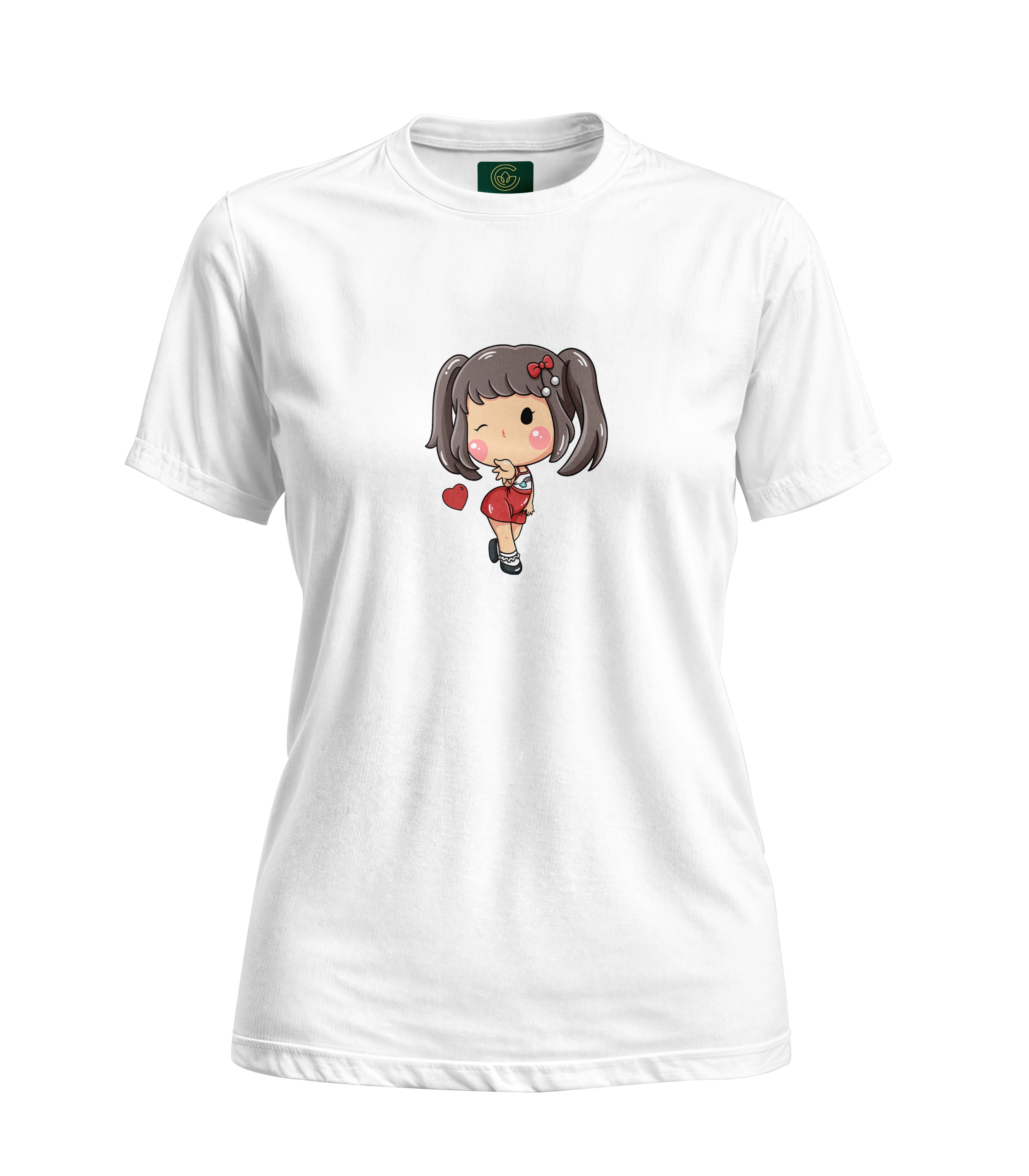 White t-shirt with a cartoon character on a white background