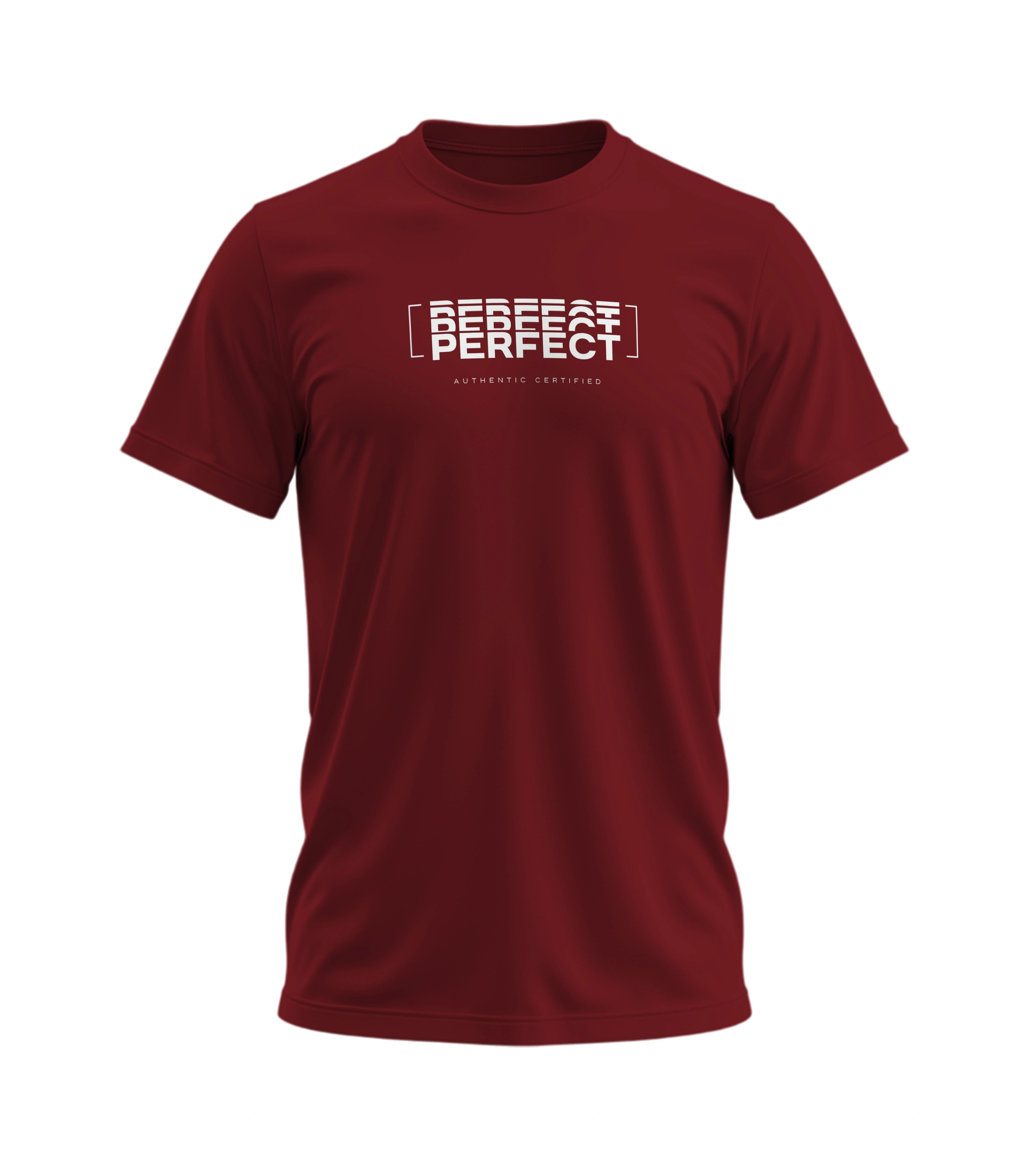 Maroon t-shirt with 'PERFECT' text on a white background